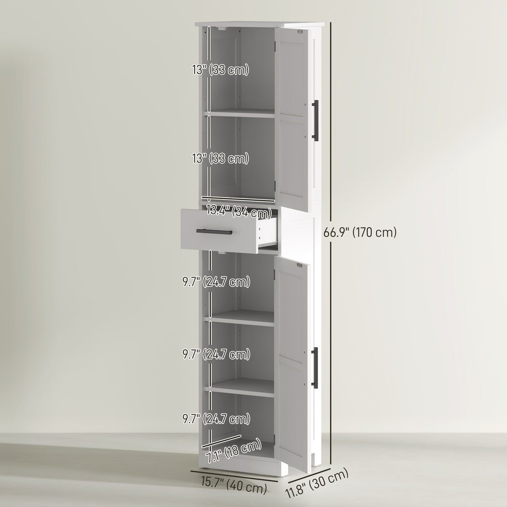 67" Tall Bathroom Cabinet, Narrow Bathroom Storage Cabinet with Drawer, Barn Doors and Adjustable Shelves, White