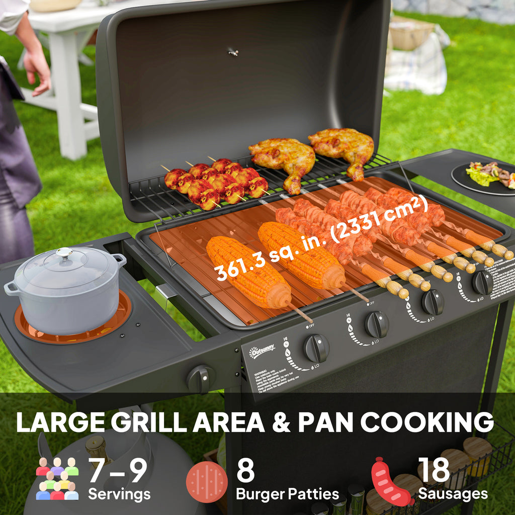 4+1 Burner Propane Gas BBQ Grill, Portable Gas Barbecue Grill with Side Burner, Thermometer, Lid, Side Table, Shelf, Spice Rack, Wheels, Grease Cup for Garden, Black