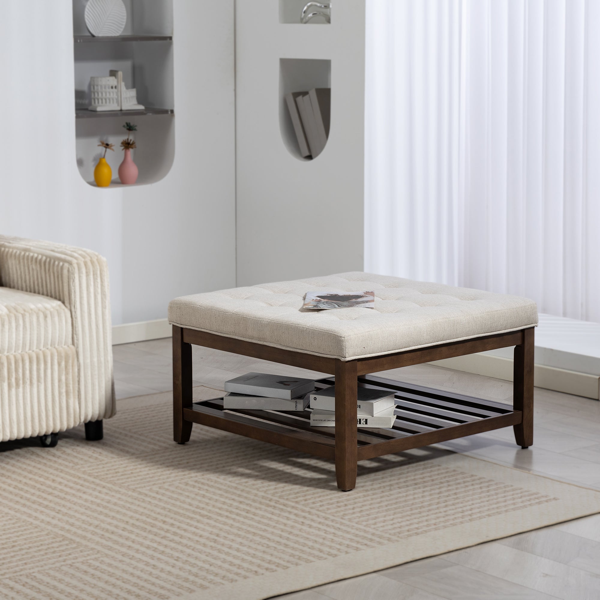 Ottoman Coffee Table, 32 Inch Square Footrest Ottoman with Storage, Linen Upholstered Tufted Footstool, Beige