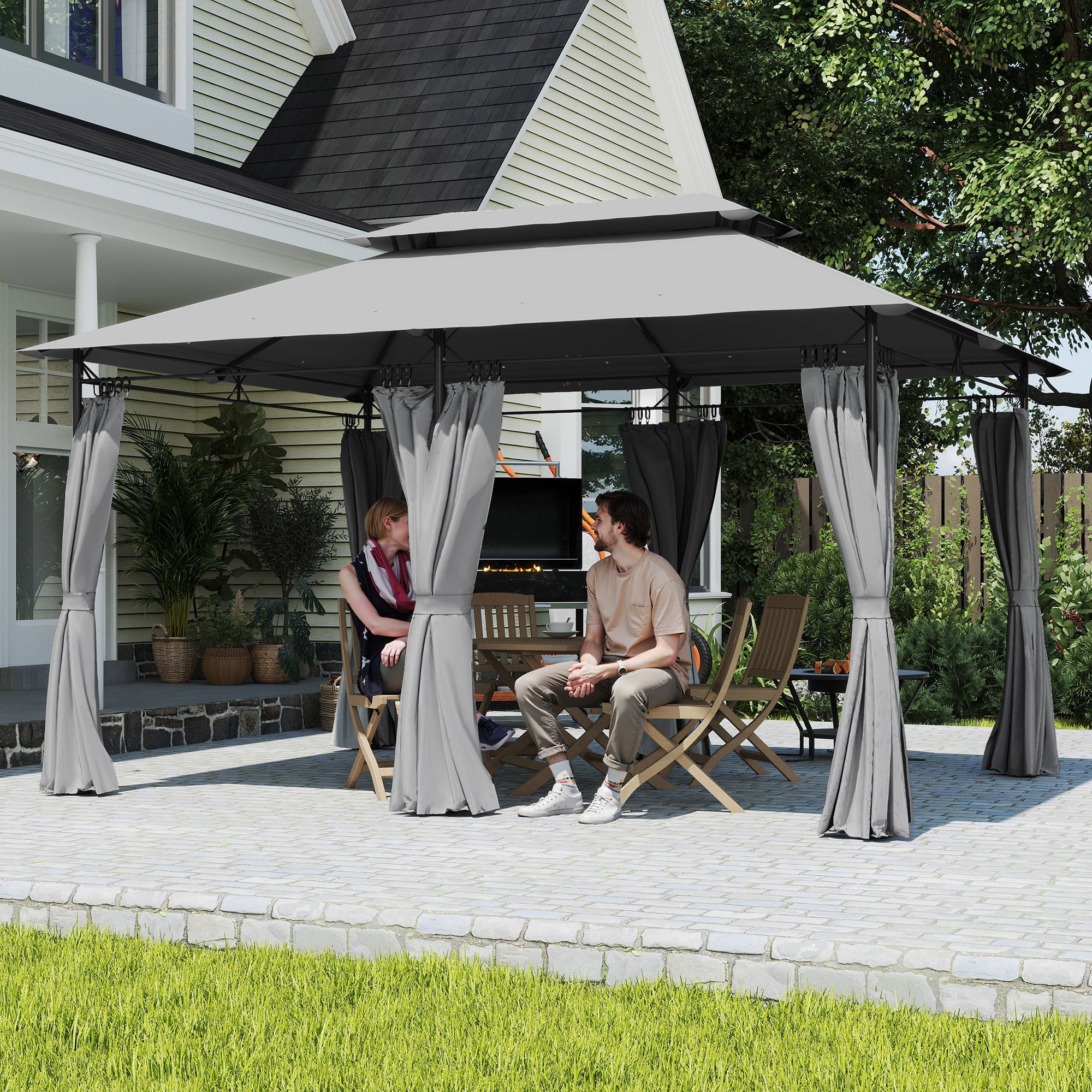 10'Â xÂ 13' Double Roof Patio Gazebo, Softtop Gazebo with Curtains, for Garden, Lawn, Backyard and Deck, Dark Grey