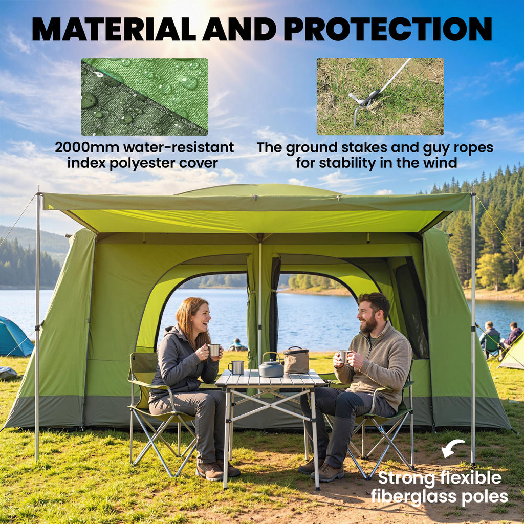 Tunnel Tent Camping Shelter w/ Porch, Two Rooms, Lamp Hook, Portable Carry Bag, Green