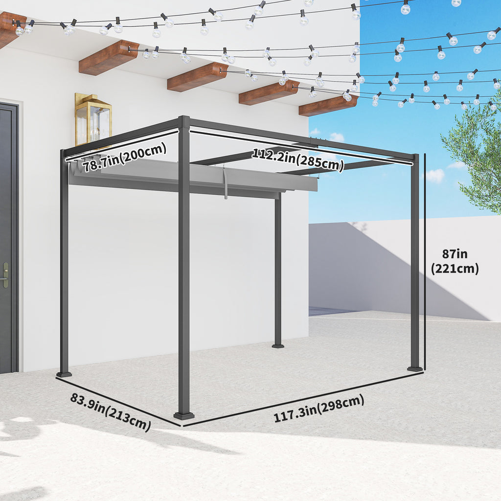10x7ft Pergola with Retractable Roof Outdoor Patio Sun Shelter Garden Grape Tent Water-resistant Yard Shade Grey