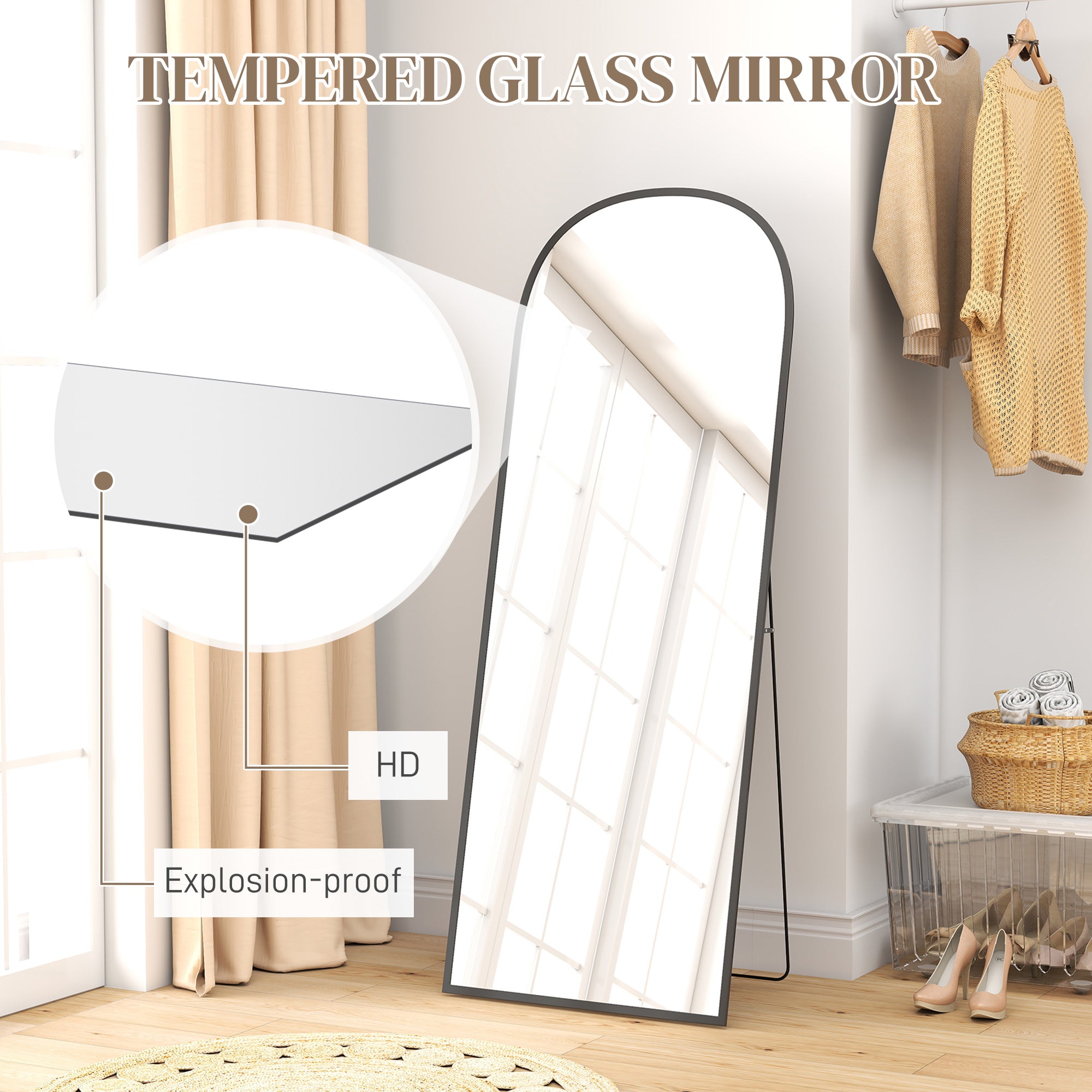 Arched Standing Mirror, 64" x 24" Full Length Mirror, Free Standing or Wall Mounted for Living Room, Bedroom, Black