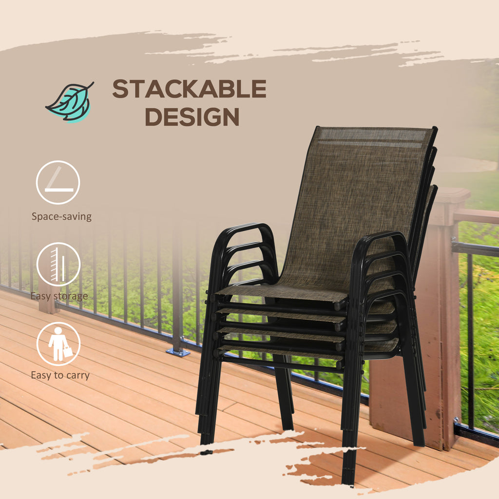 Set of 4 Outdoor Dining Chairs, Heavy Duty Stackable Patio Dining Set with Armrests for Balcony Garden, Brown and Black