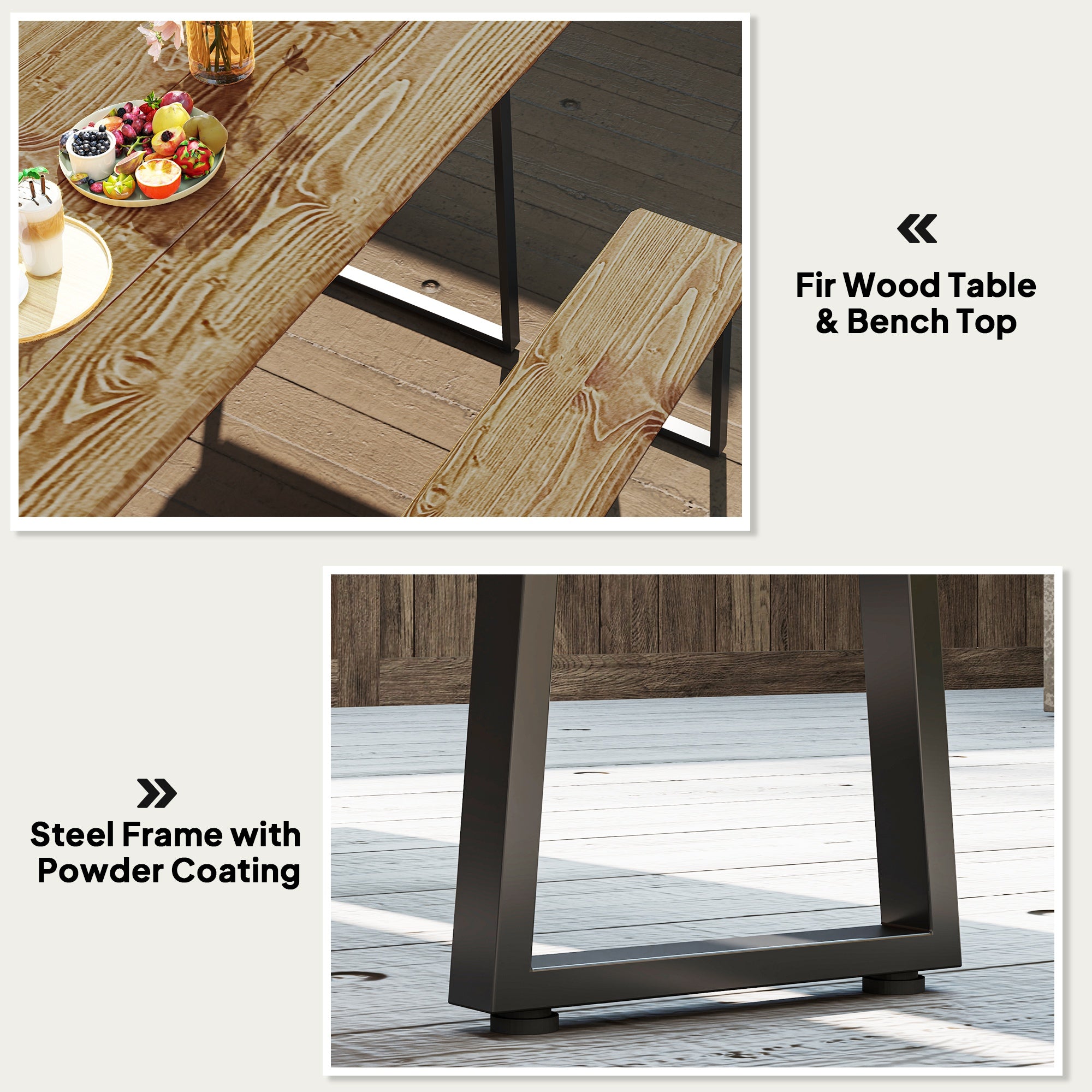 Picnic Table and Bench Set for 6 Persons with 2" Umbrella Hole, Slatted Top & Steel Frame, for Party, BBQ, Patio, Lawn