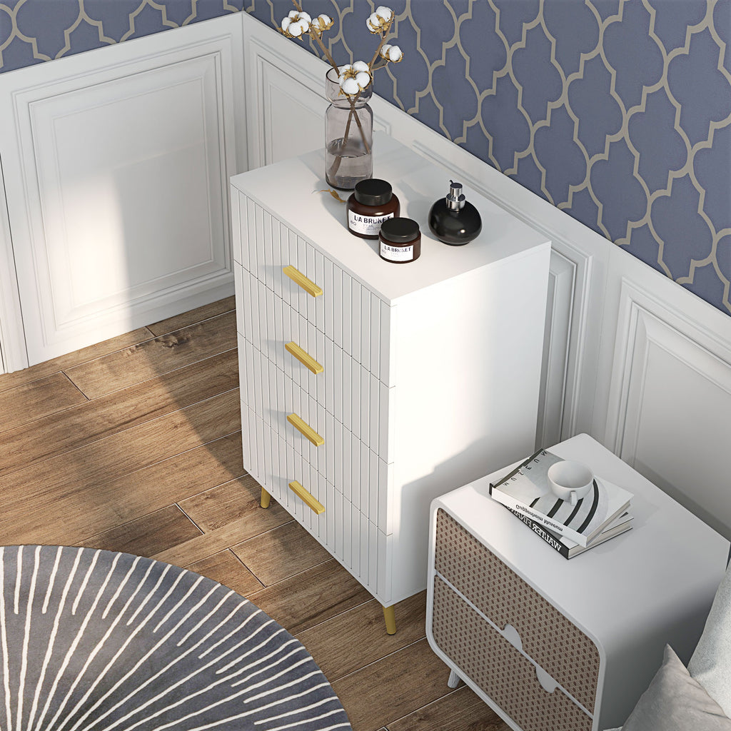 4 Drawer Cabinet, Drawer Chest for Bedroom, Chest of Drawers with Aluminium Legs and Gold Handles, White