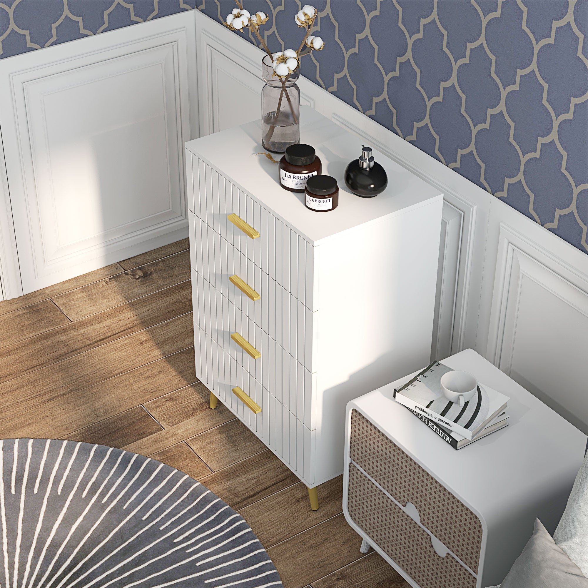 4 Drawer Cabinet, Drawer Chest for Bedroom, Chest of Drawers with Aluminium Legs and Gold Handles, White