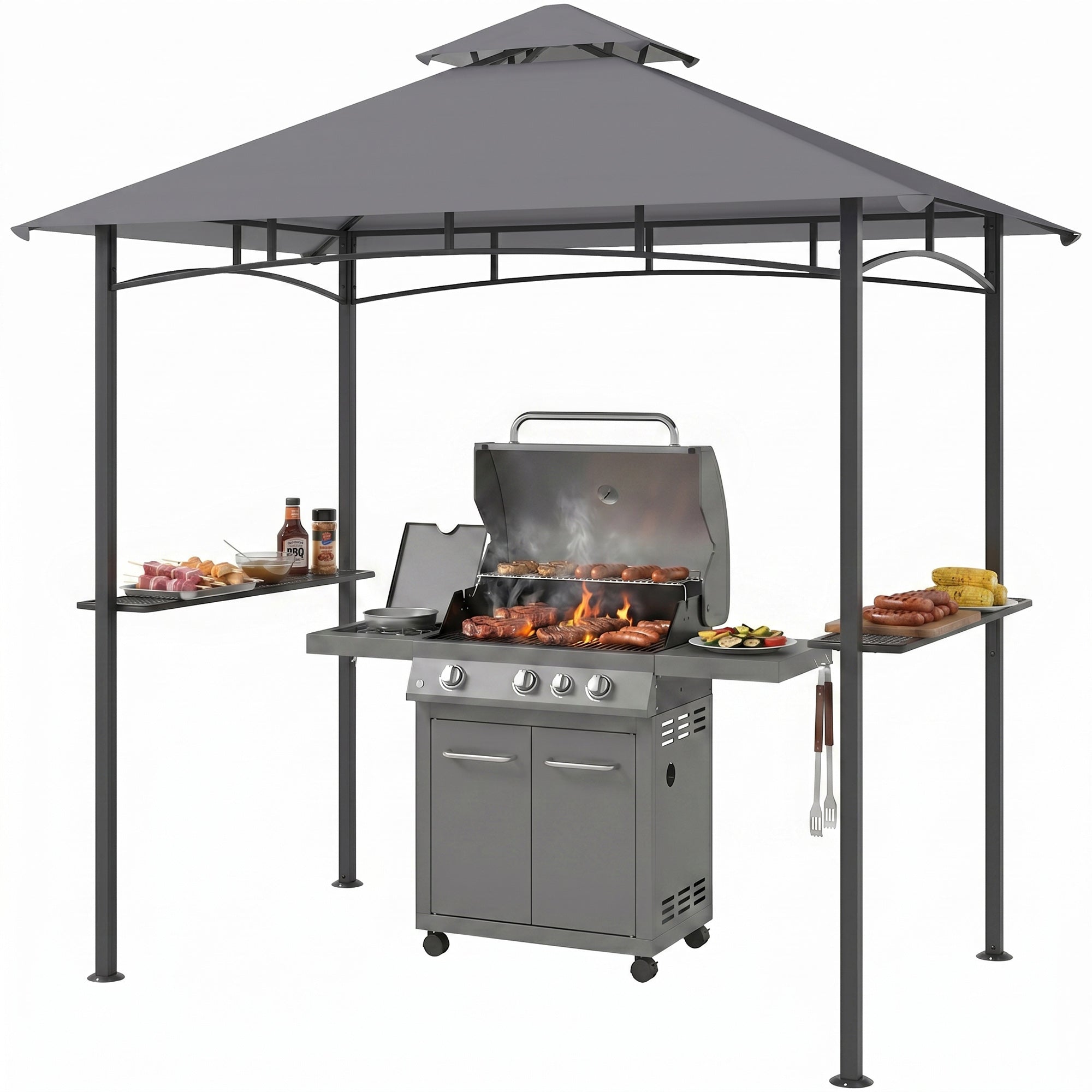 8' x 5' BBQ Grill Gazebo Tent with Double Tiered Canopy for Outdoor Sun Shade, Grey