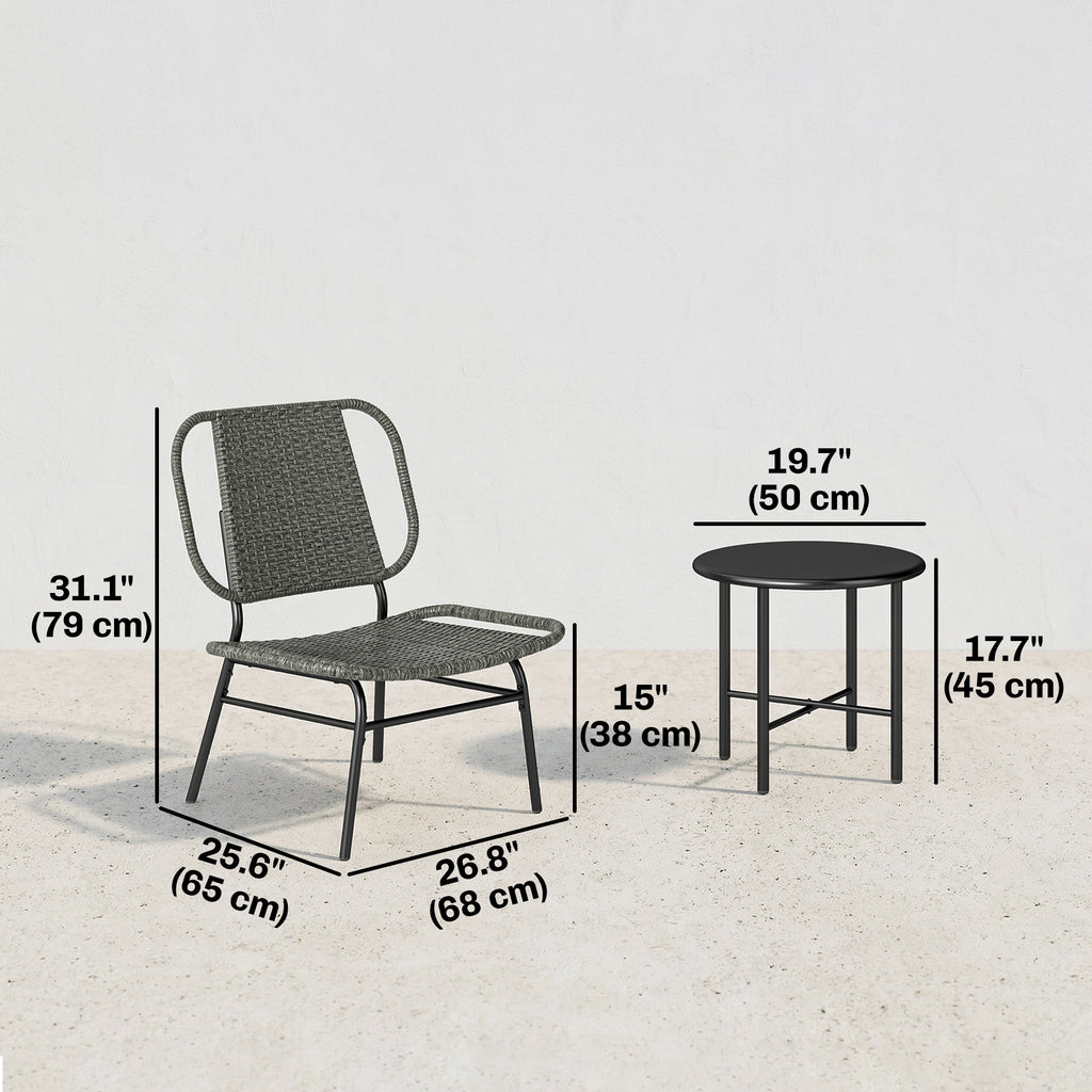 3 Piece Wicker Patio Furniture Set, Outdoor Bistro Set with Steel Table, Rattan Outdoor Conversation Furniture, Grey