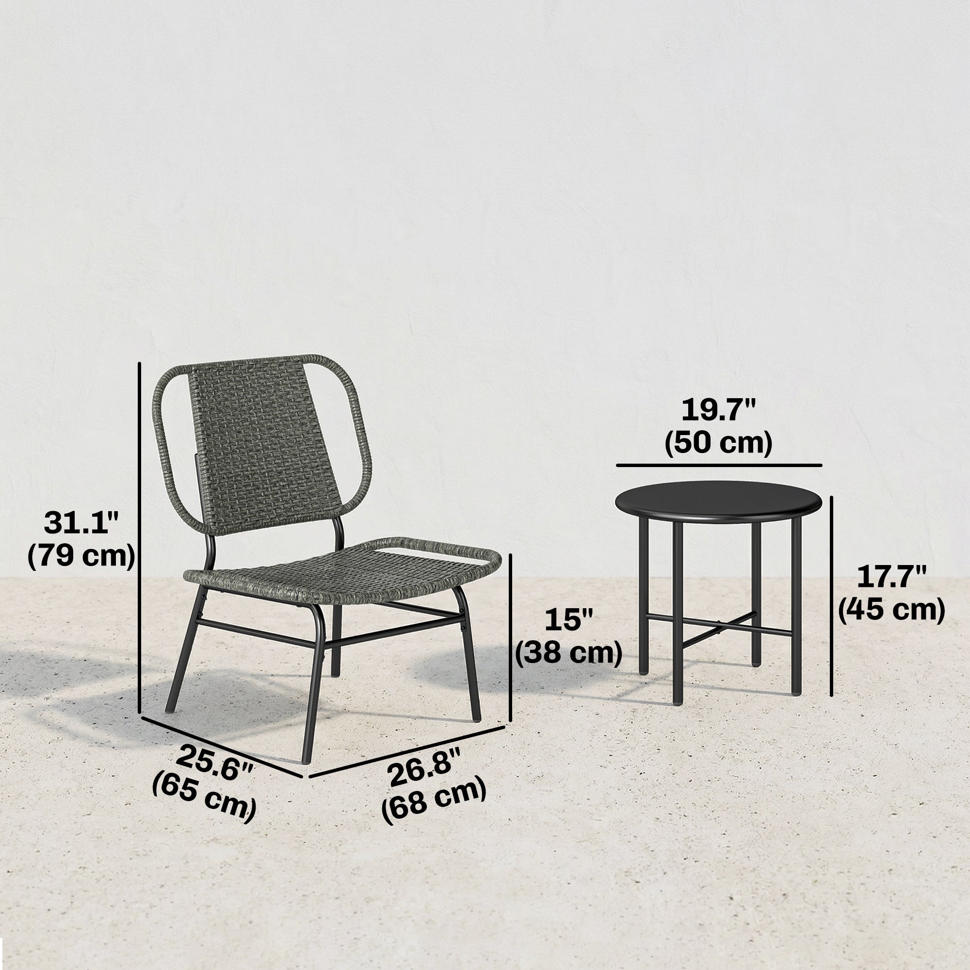 3 Piece Wicker Patio Furniture Set, Outdoor Bistro Set with Steel Table, Rattan Outdoor Conversation Furniture, Grey