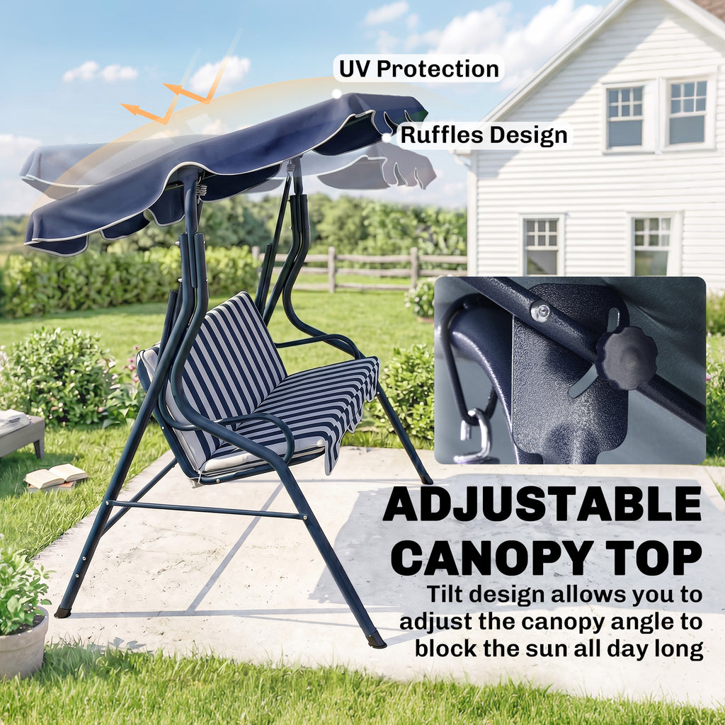 Outdoor Porch Swing with Adjustable Canopy, 3-Seater Patio Swing Chair with Cushion, Blue