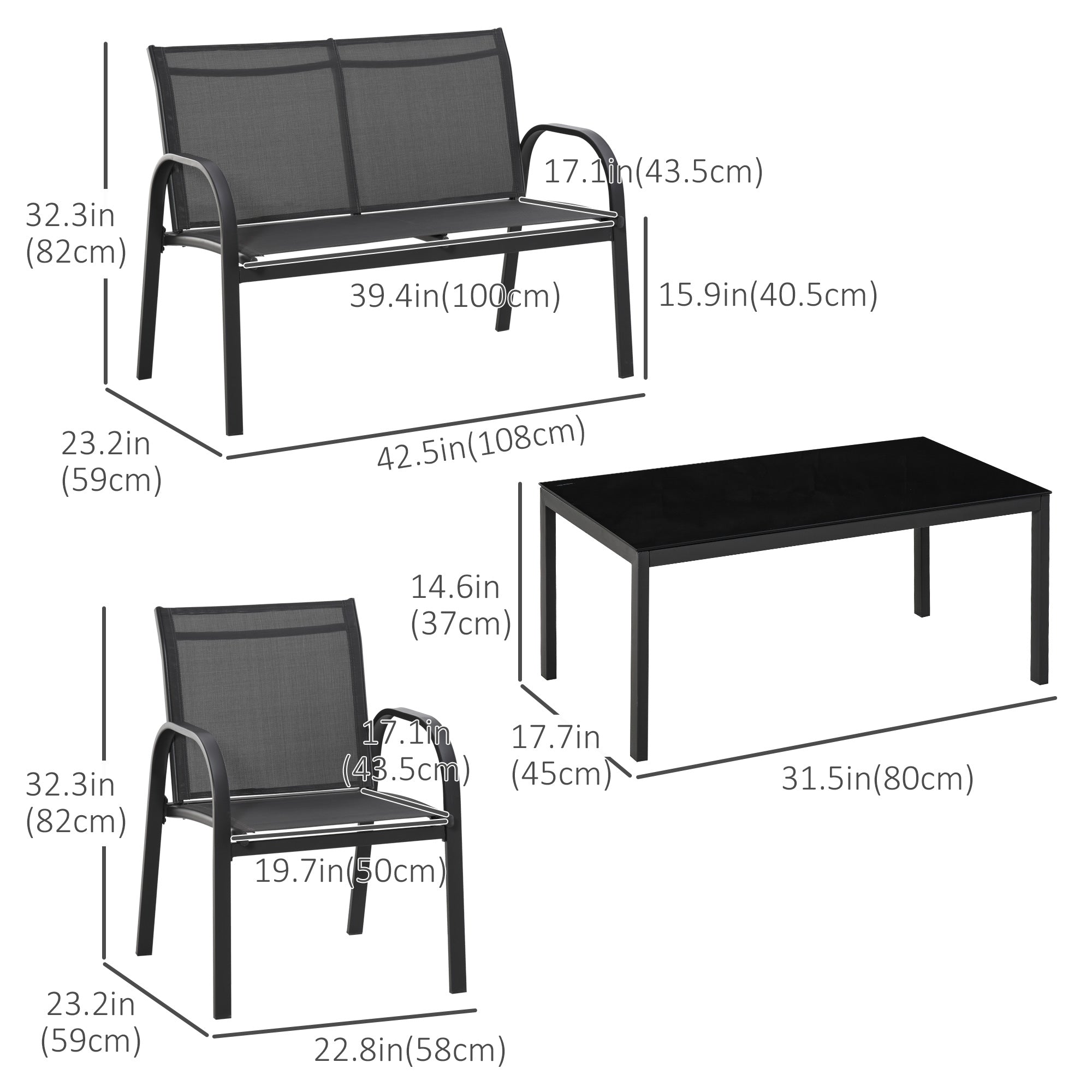 4-Piece Patio Furniture Set Garden Conversation Set with Loveseat, Single Chairs and Coffee Table for Backyard Poolside Balcony