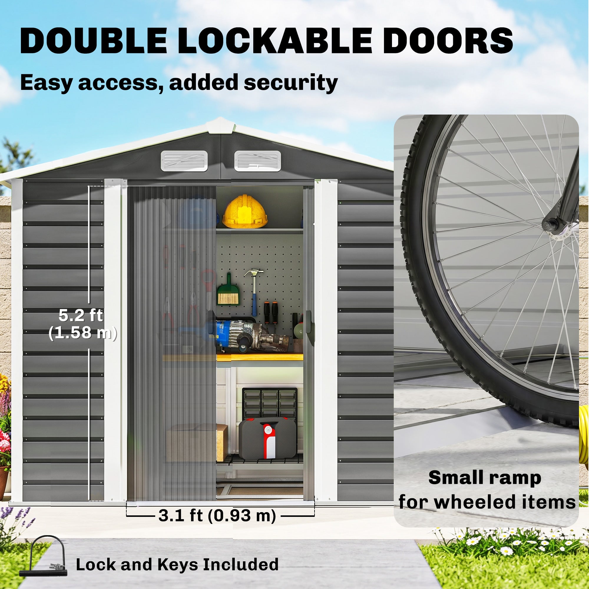 7' x 4' Outdoor Storage Shed, Metal Garden Shed with Lockable Doors and Gloves for Backyard, Garden, Patio, Dark Grey