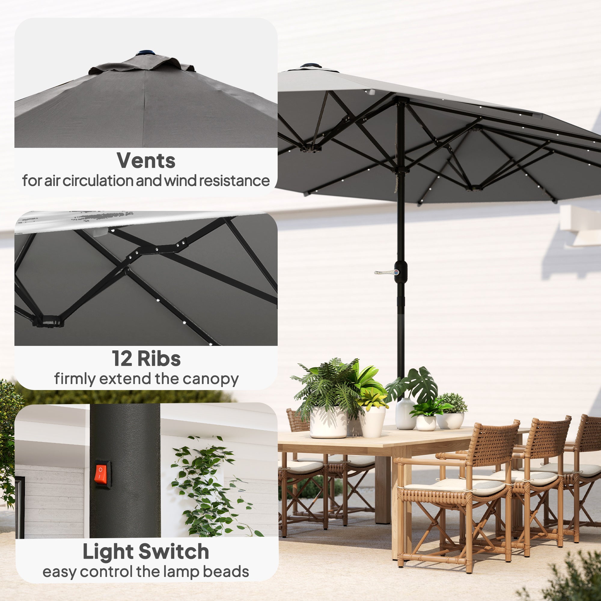 173" Double-Sided Sun Umbrella Garden Parasol Patio Sun Shade Outdoor with LED Solar Light, No Base Included, Dark Gre