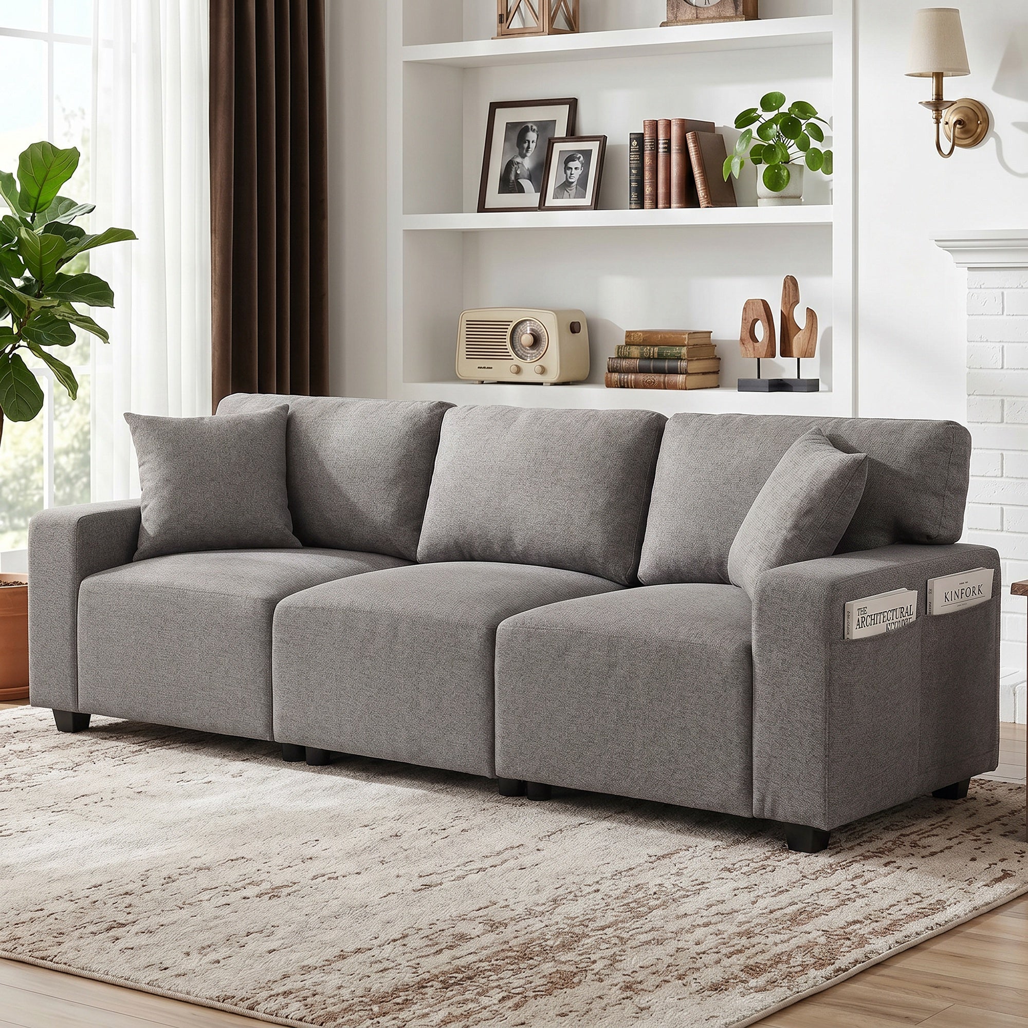 3 Seater Sofa with Storage Pockets, Modern Upholstered Couch with Pocket Springs, Grey