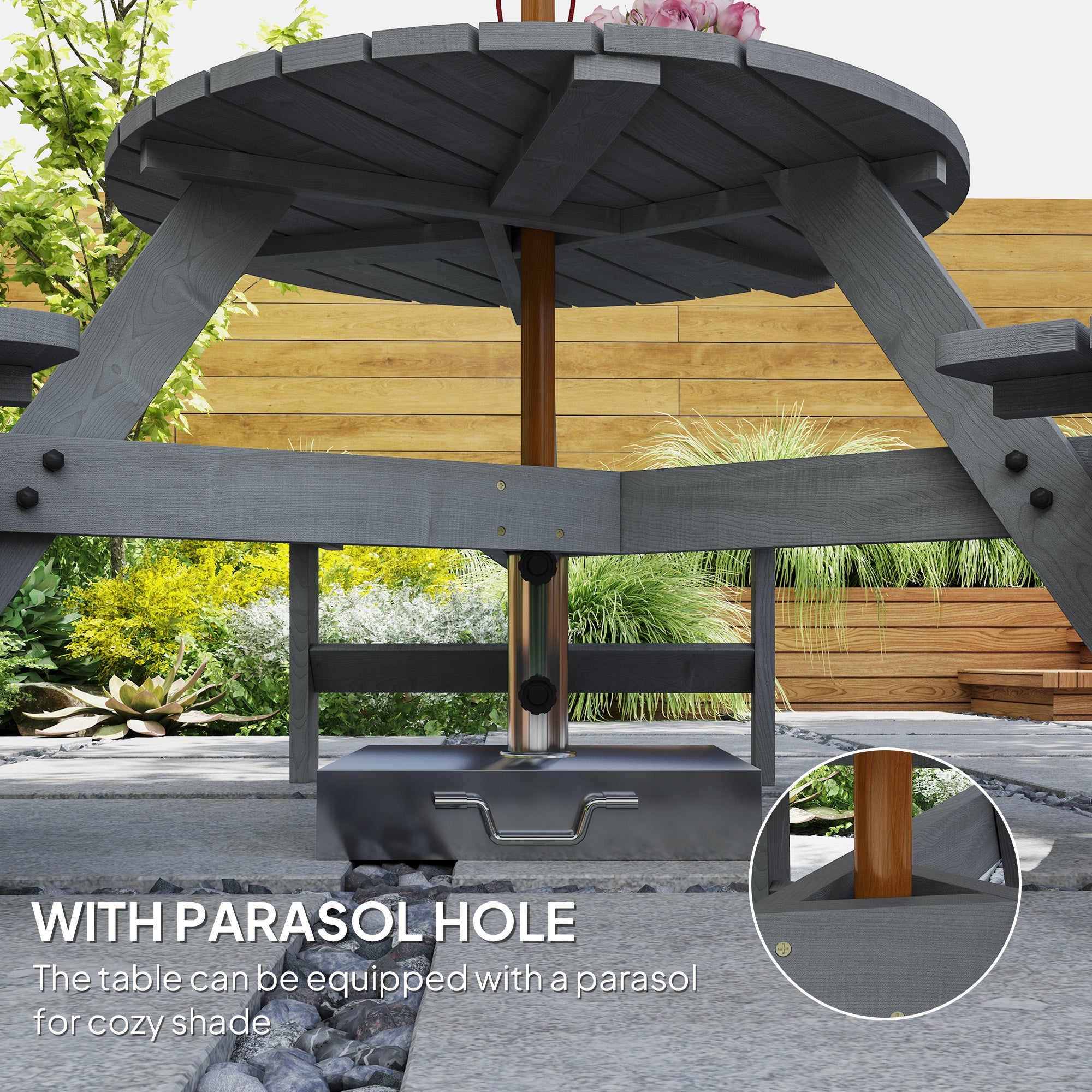 6 Person Round Picnic Table Bench Set with Umbrella Hole, Wood Patio Table with 3 Built-in Benches for Garden, Deck, Backyard, Grey