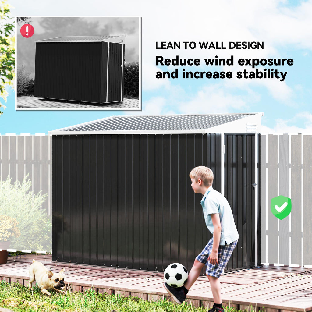 4' x 8' Outdoor Storage Shed Lean to Shed Outdoor Metal Tool Shed with Lockable Door and Air Vents, Dark Grey
