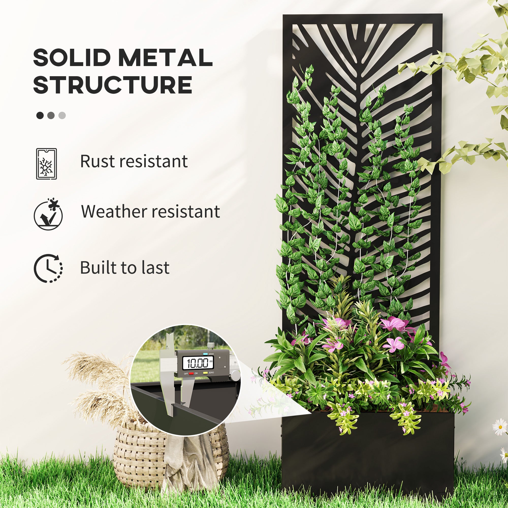 Raised Garden Bed with Outdoor Privacy Screen, Metal Planter Box with Trellis, Wall-Mounted or Freestanding, Black