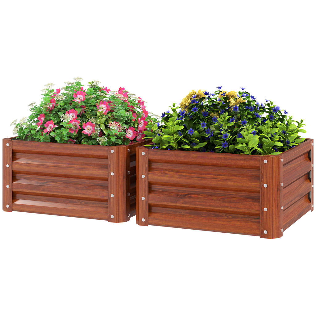 Galvanized Raised Garden Beds, Outdoor Planter Box, Set of 2, for Flowers, Herbs and Vegetables, Dark Brown Wood Effect