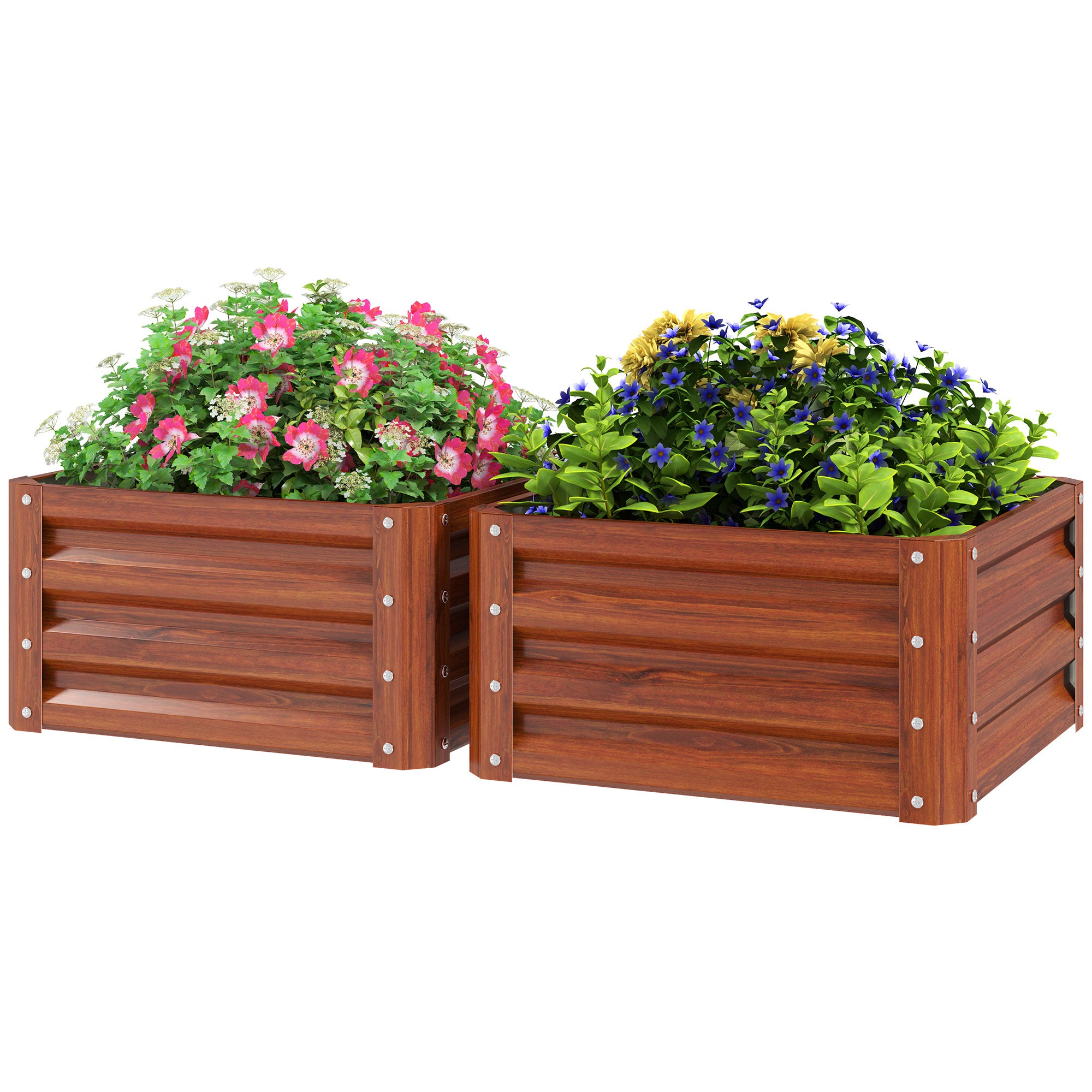 Galvanized Raised Garden Beds, Outdoor Planter Box, Set of 2, for Flowers, Herbs and Vegetables, Dark Brown Wood Effect