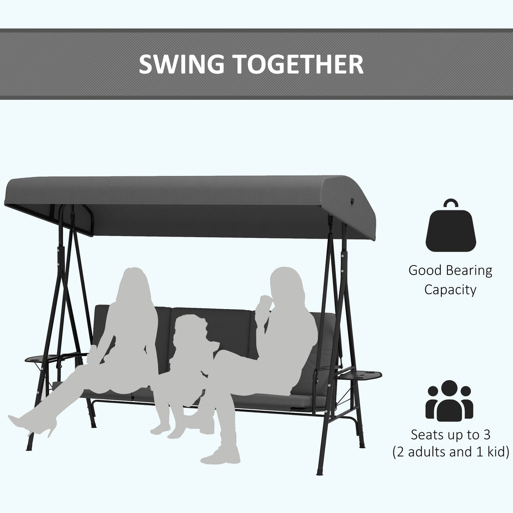 3-Seat Outdoor Porch Swing Patio Swing with Adjustable Canopy, Side Tray, Removable Cushion for Garden, Poolside, Grey