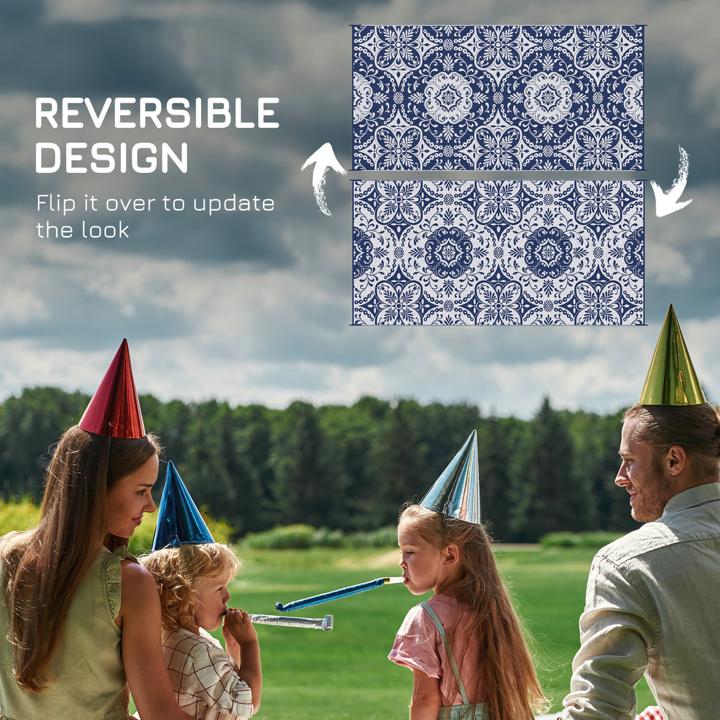 Portable Outdoor Rug with Carry Bag, 9' x 18' Reversible Mat, Waterproof Plastic Straw RV Rug, Blue & White Flower