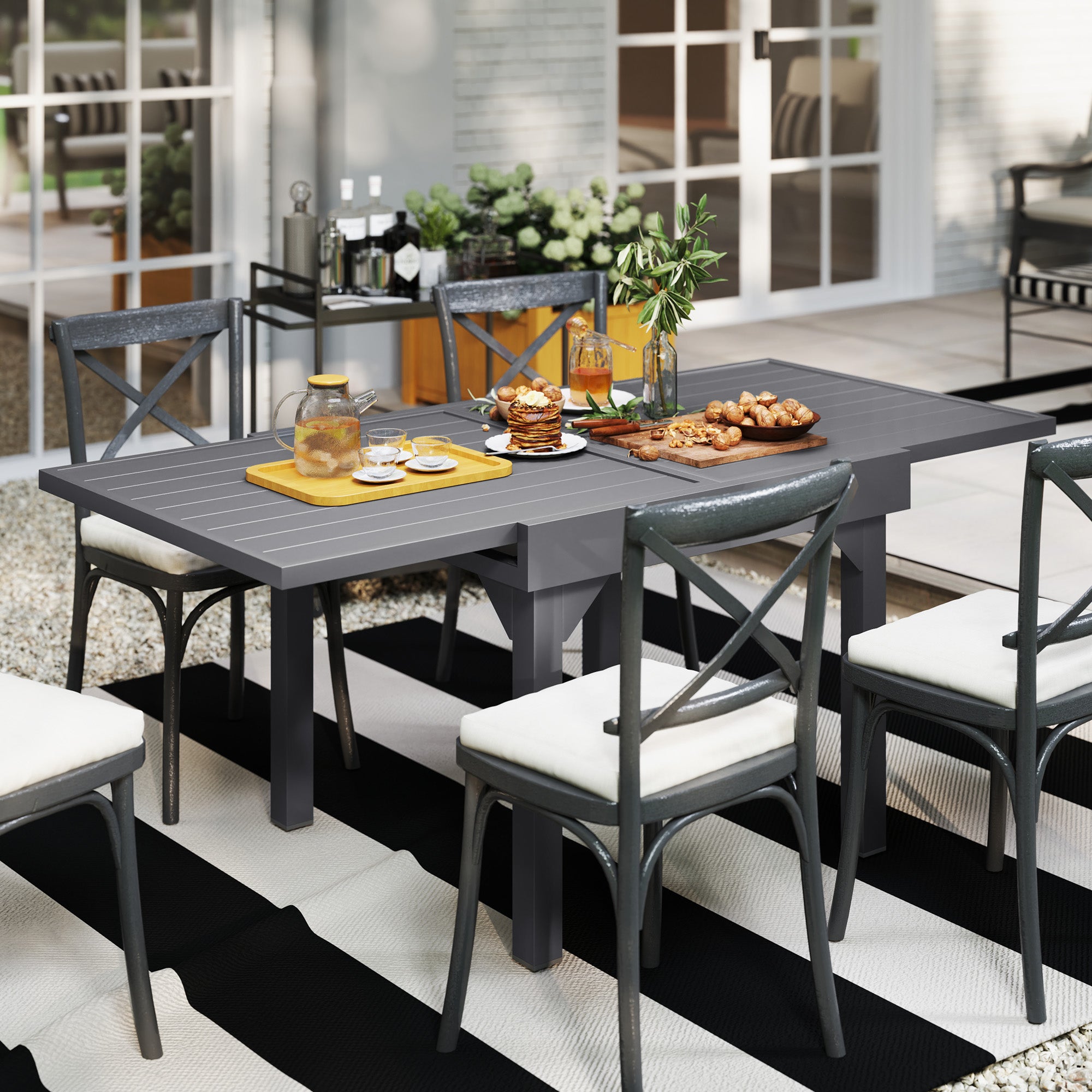 35"-71"  Extendable Aluminium Outdoor Dining Table, Slatted Top Patio Table for 4-6 Person, for Garden, Backyard, Grey