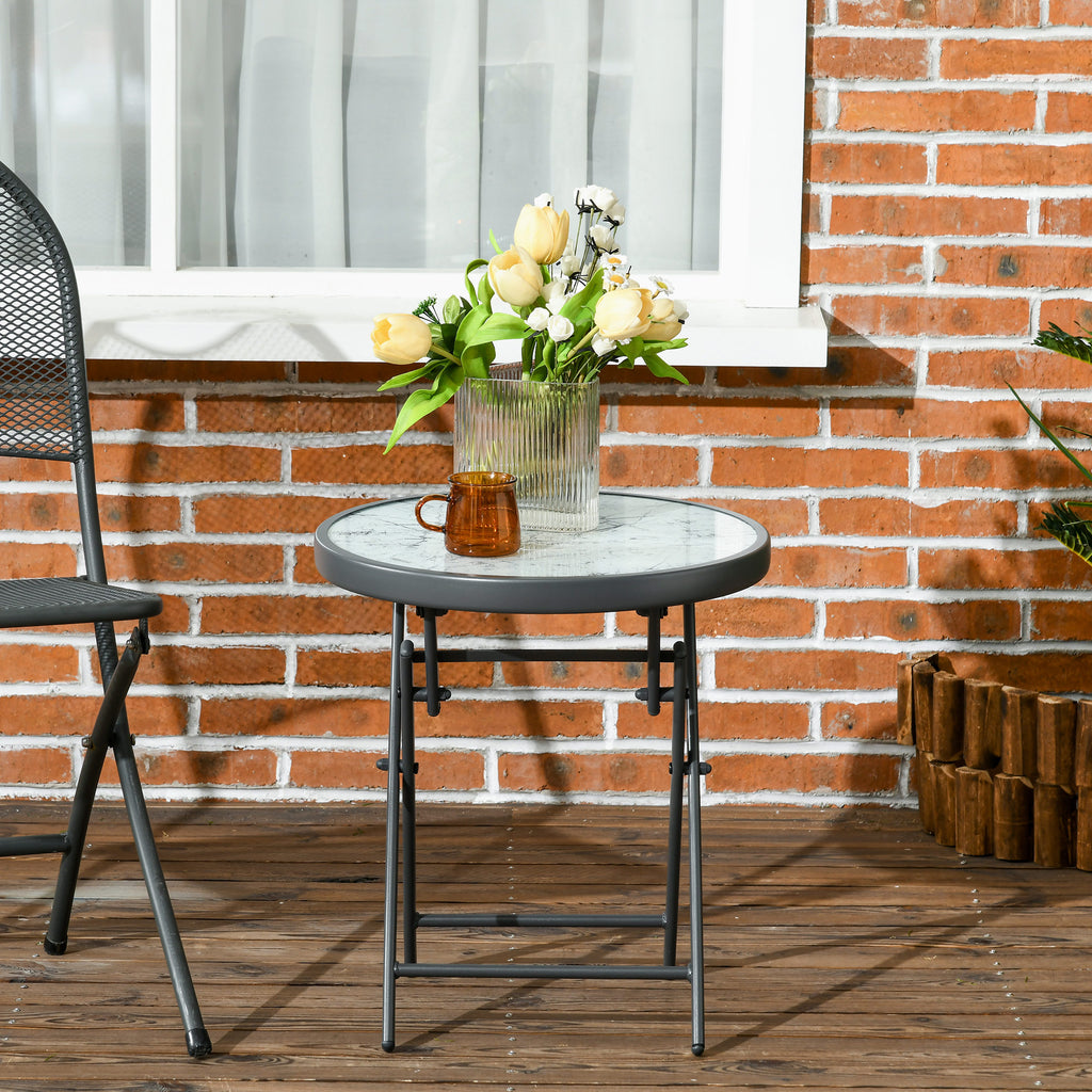 18" Outdoor Round Folding Table, Garden Side Table with Tempered Glass Top for Camping, Party, Weddings, White