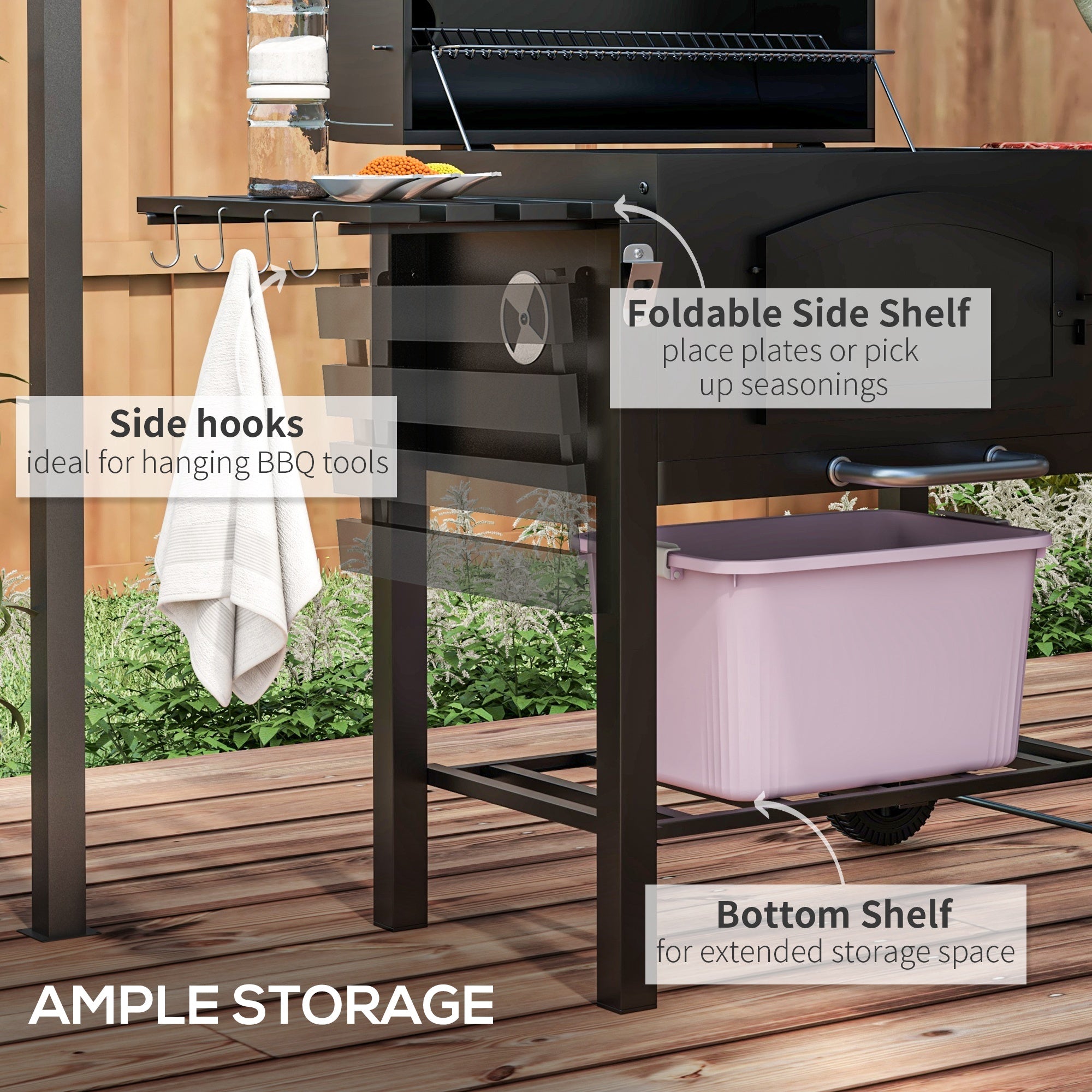 Charcoal Smoker Adjustable Height, Folding Shelves, Thermometer, and Wheels, Black