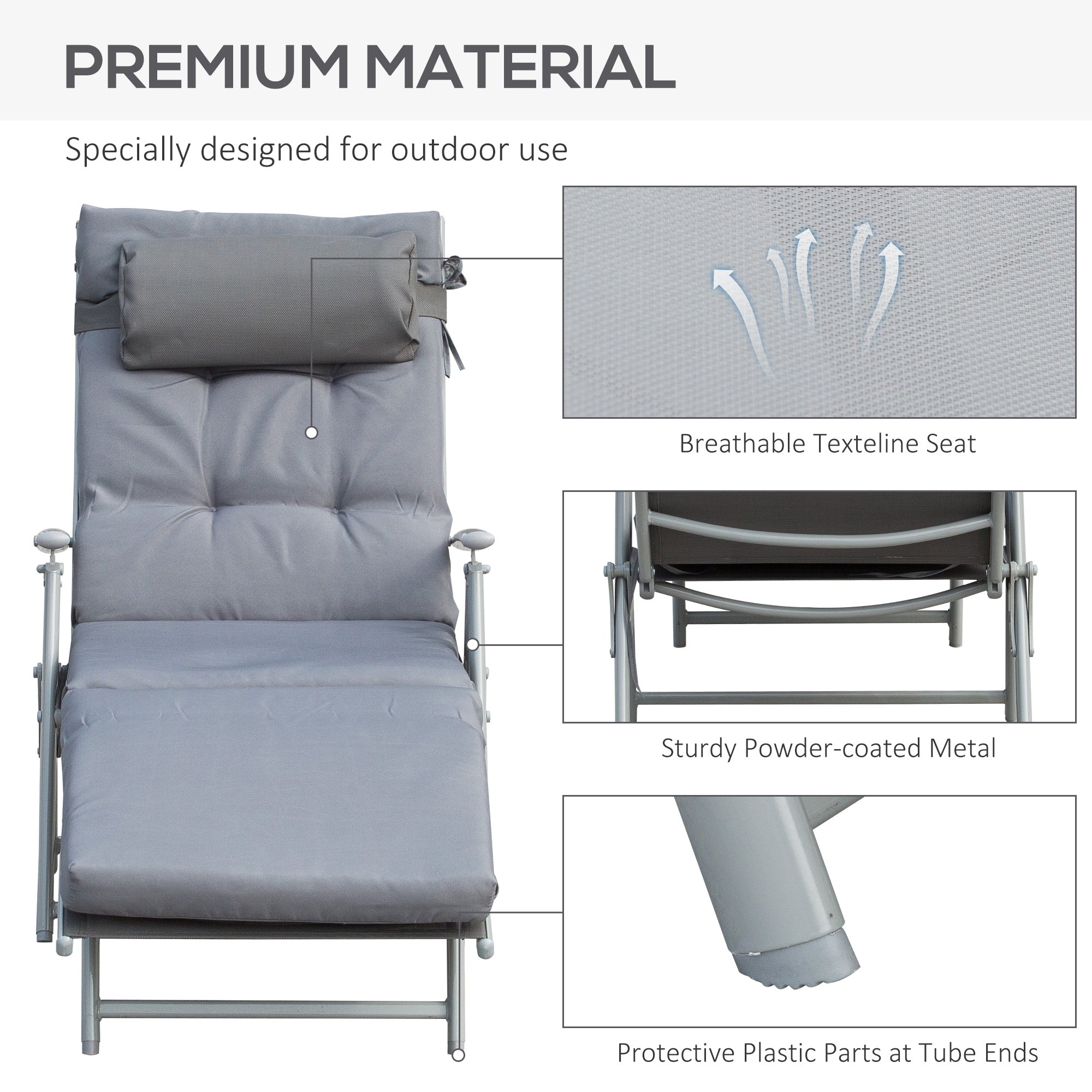 Lounge Chair Outdoor, Folding Patio Chaise Lounger, 360 lbs 7-Position Adjustable Back Outdoor Recliner with Cushion, Headrest for Garden, Backyard, Poolside, Grey