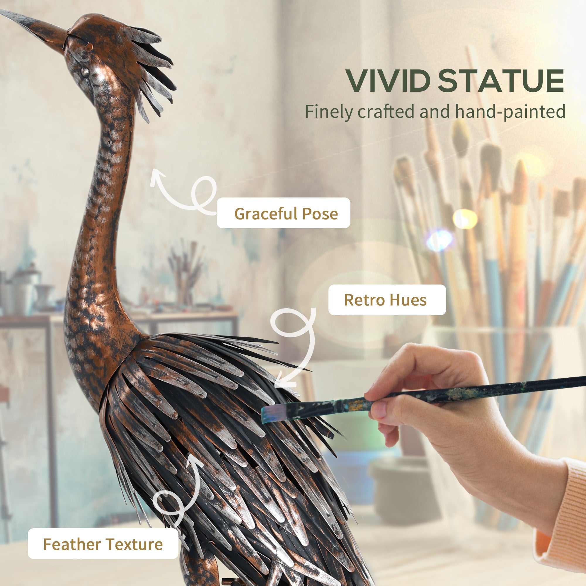 Garden Statue Heron Standing Lawn Sculpture Statue Ornament with Stakes for Lawn 12.2"W x 7.1"D x 28"H Silver Tone