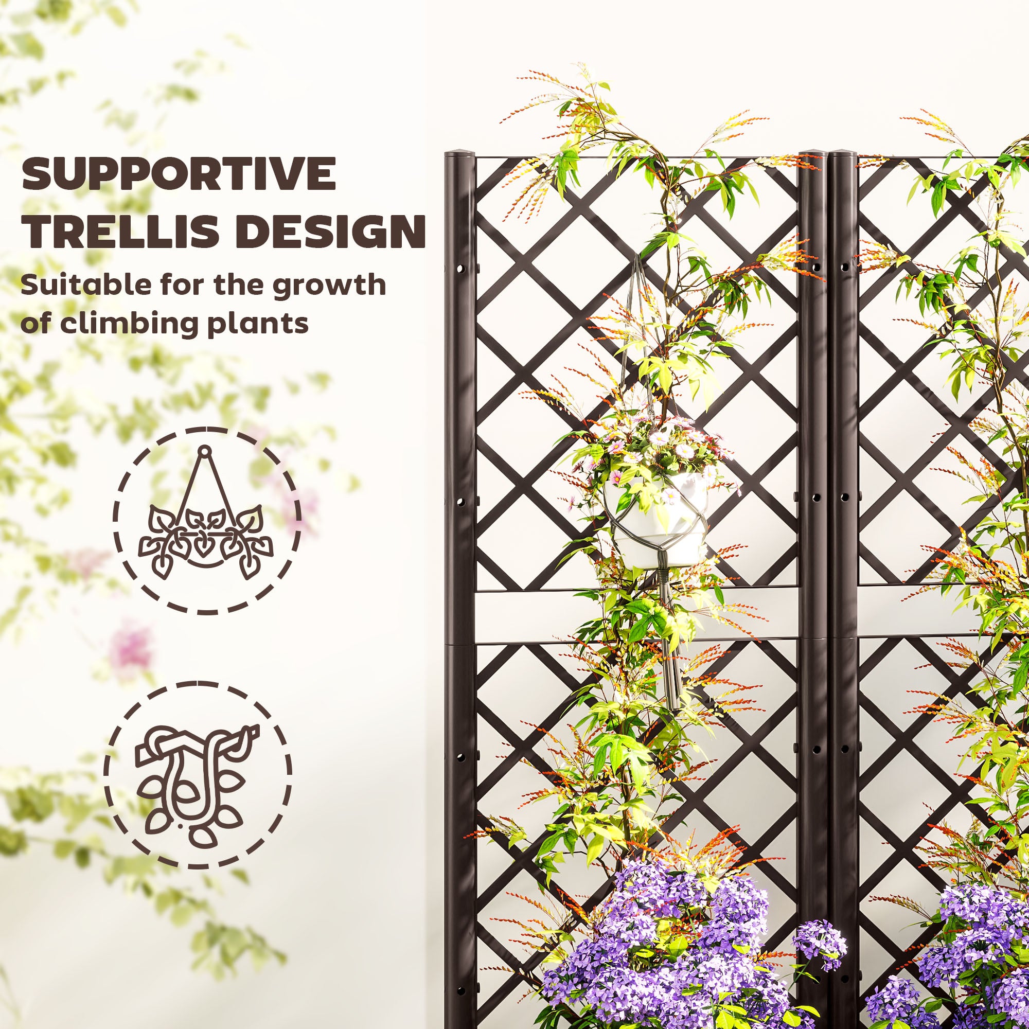 Raised Garden Bed with Trellis, Plastic Raised Flower Bed with Drainage Holes and Drain Plugs, 32" x 16" x 48"