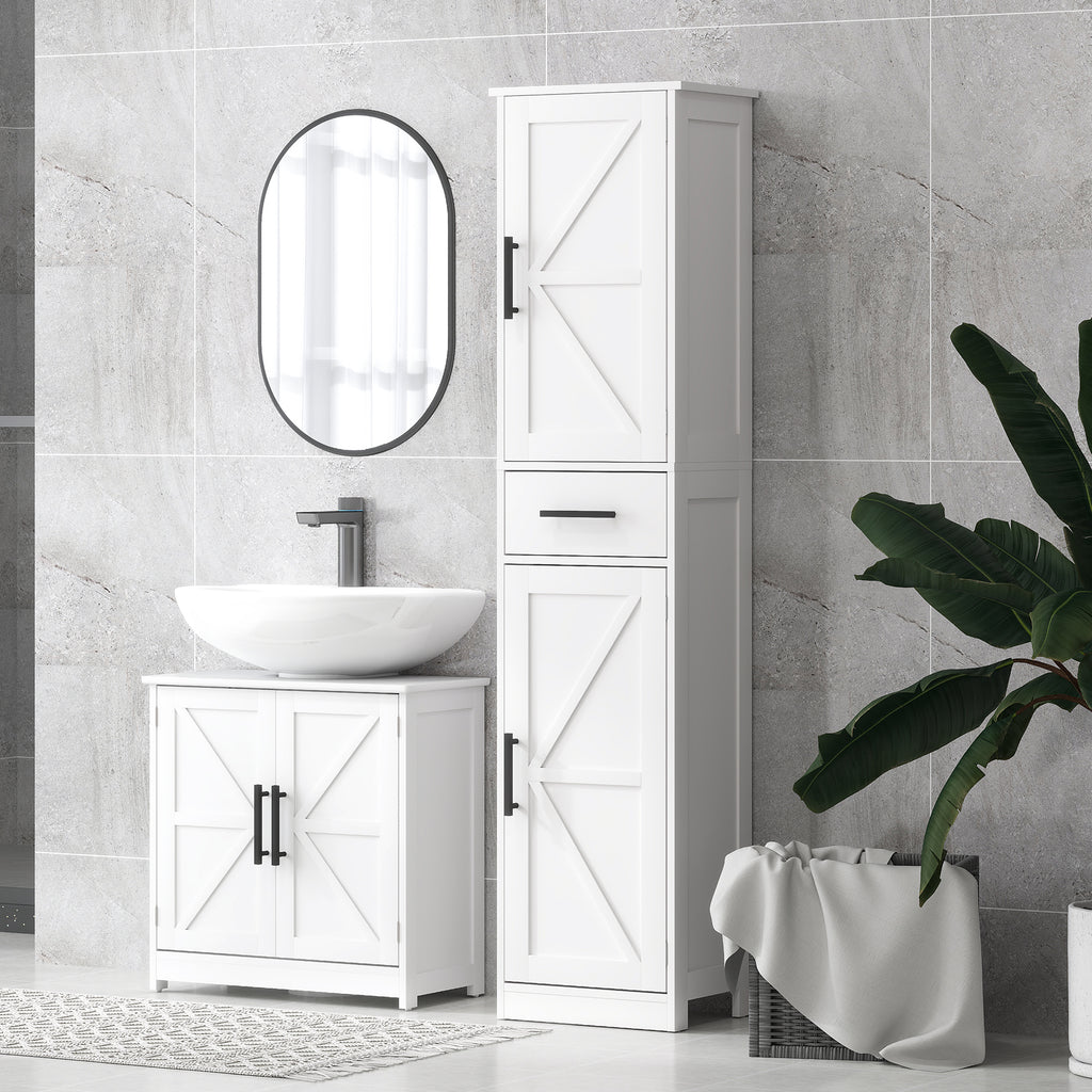 67" Tall Bathroom Cabinet, Narrow Bathroom Storage Cabinet with Drawer, Barn Doors and Adjustable Shelves, White
