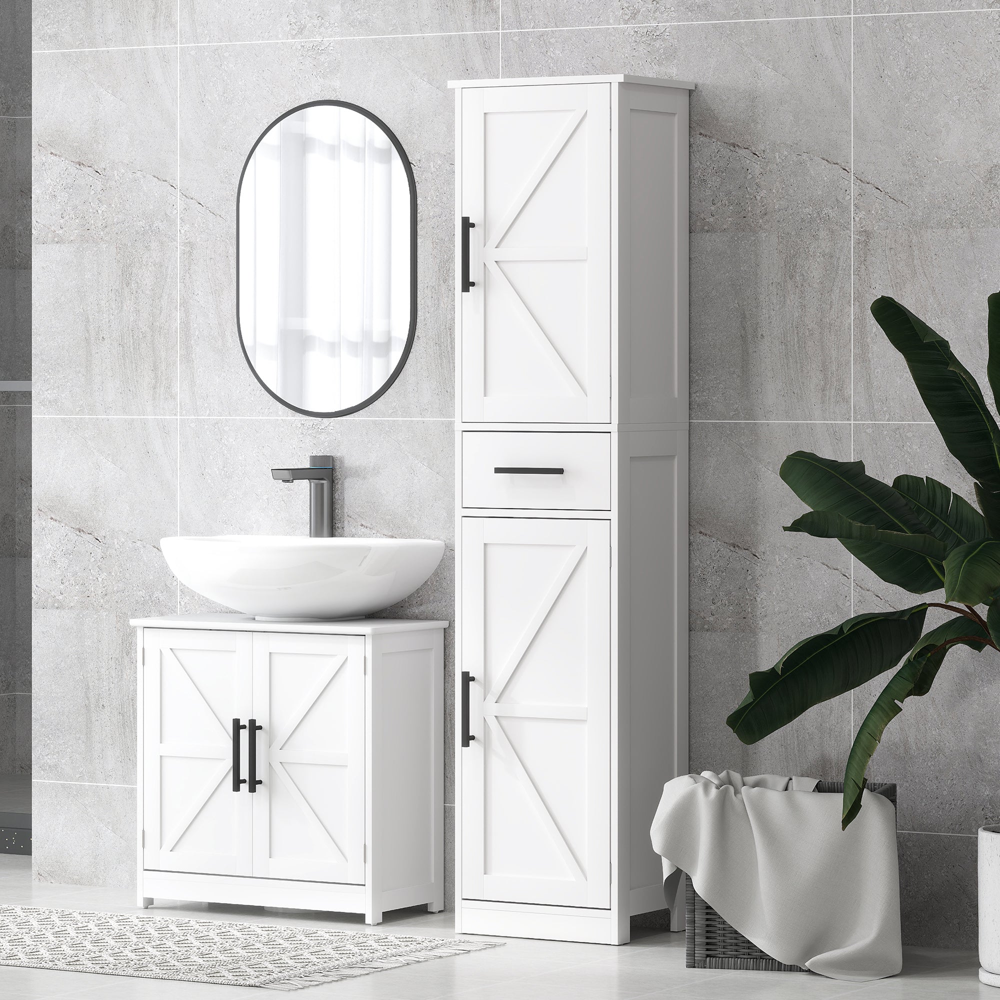 67" Tall Bathroom Cabinet, Narrow Bathroom Storage Cabinet with Drawer, Barn Doors and Adjustable Shelves, White
