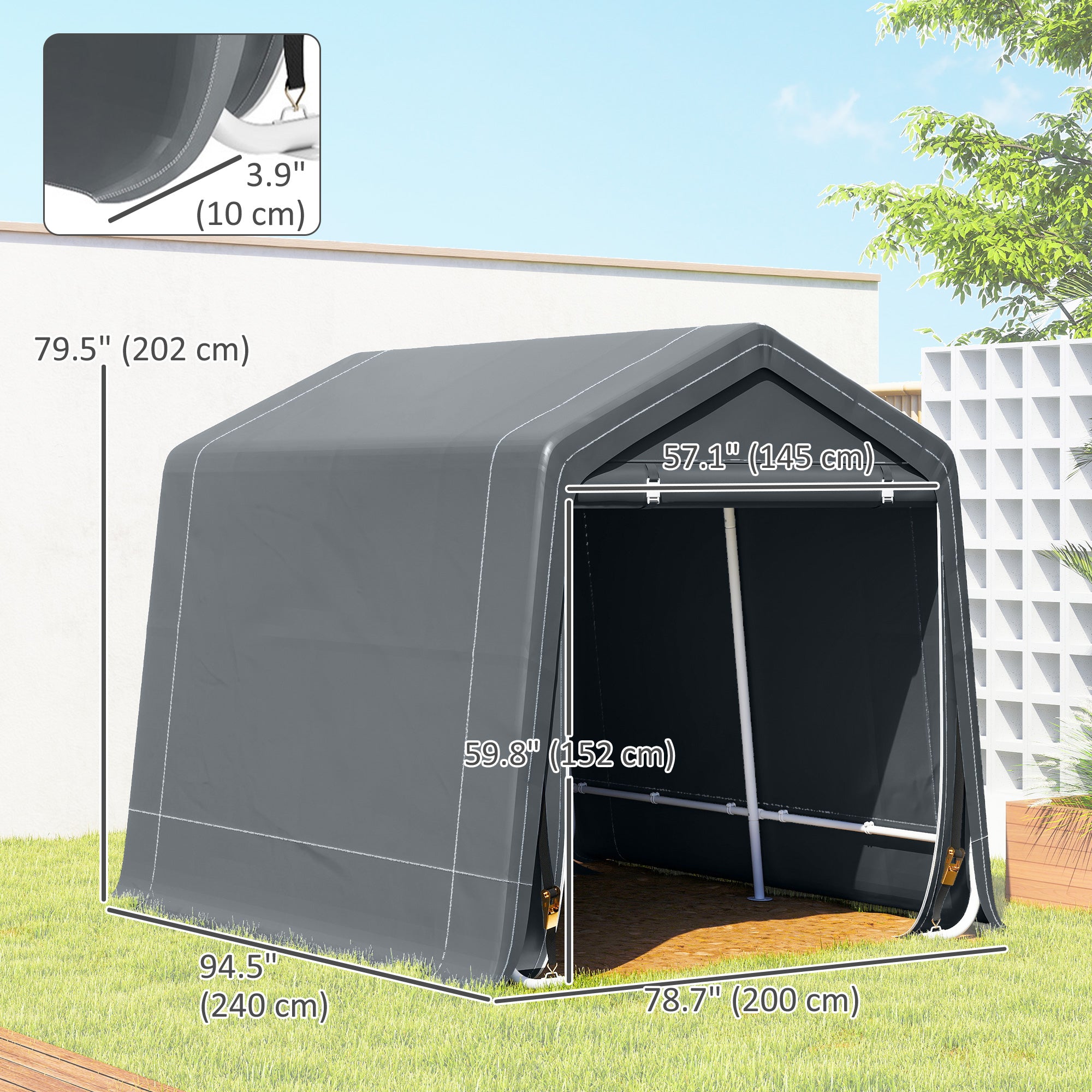 7.9' x 6.6' Garden Storage Tent, Patio Storage Shelter w/ Metal Frame and Double Zipper Doors, Dark Grey