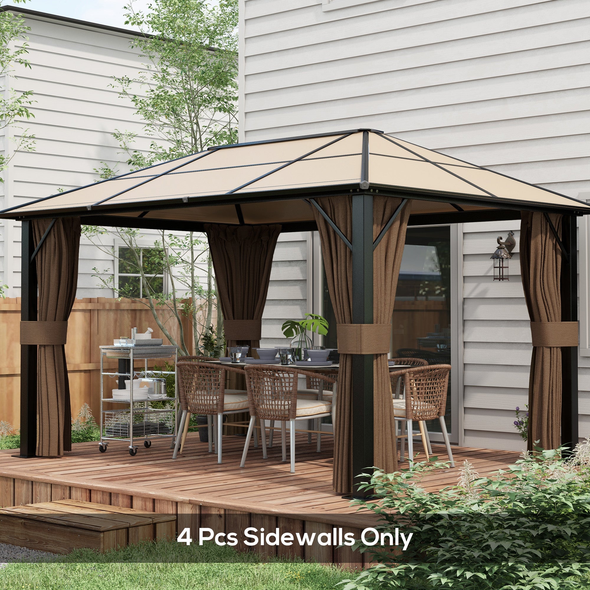 Gazebo Curtains, 10' x 13' Universal Replacement Privacy Curtain, 4-Panels Sidewall with Hooks/C-Rings, Dark Brown