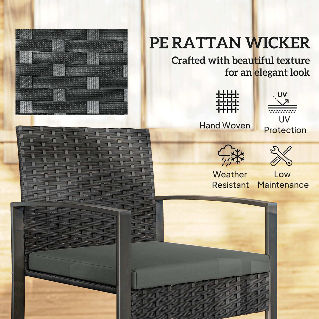 Outdoor Bistro Set, 3 Piece Wicker Patio Furniture Set with Glass Top Table and Cushions for Porch, Balcony, Dark Grey