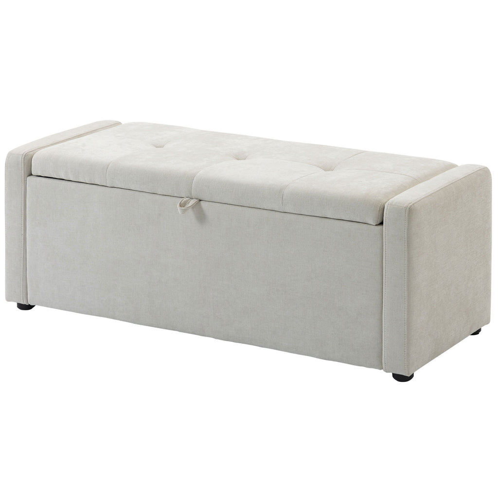 Storage Ottoman Bench, Linen-Look Fabric Upholstered Ottoman with Storage, Wide Padded Seat, Cream White