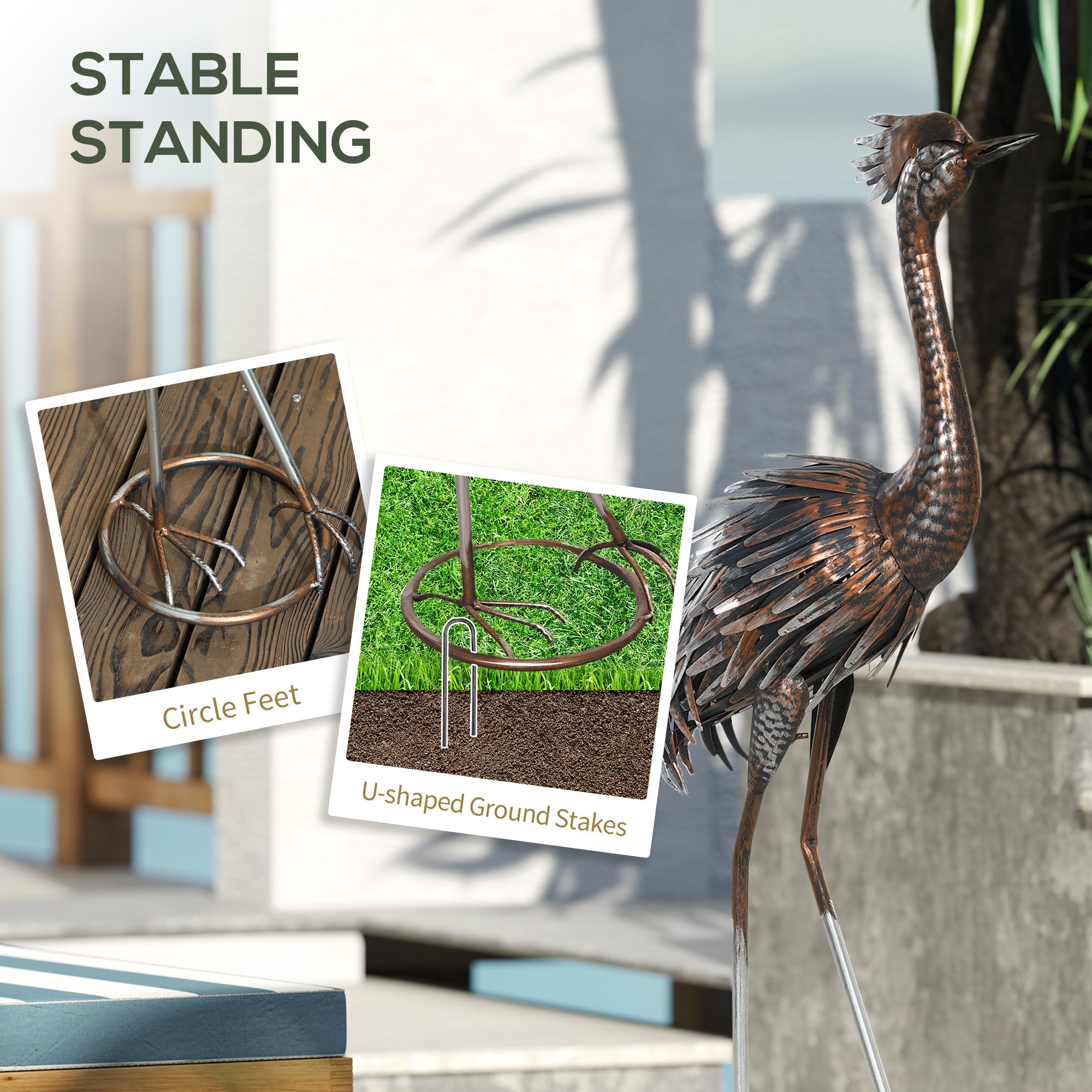 Garden Statue Heron Standing Lawn Sculpture Statue Ornament with Stakes for Lawn 12.2"W x 7.1"D x 28"H Silver Tone