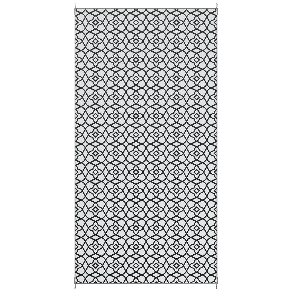 Reversible Outdoor Rug, Waterproof Plastic Straw RV Rug with Carry Bag, 9' x 18', Black and White Clover