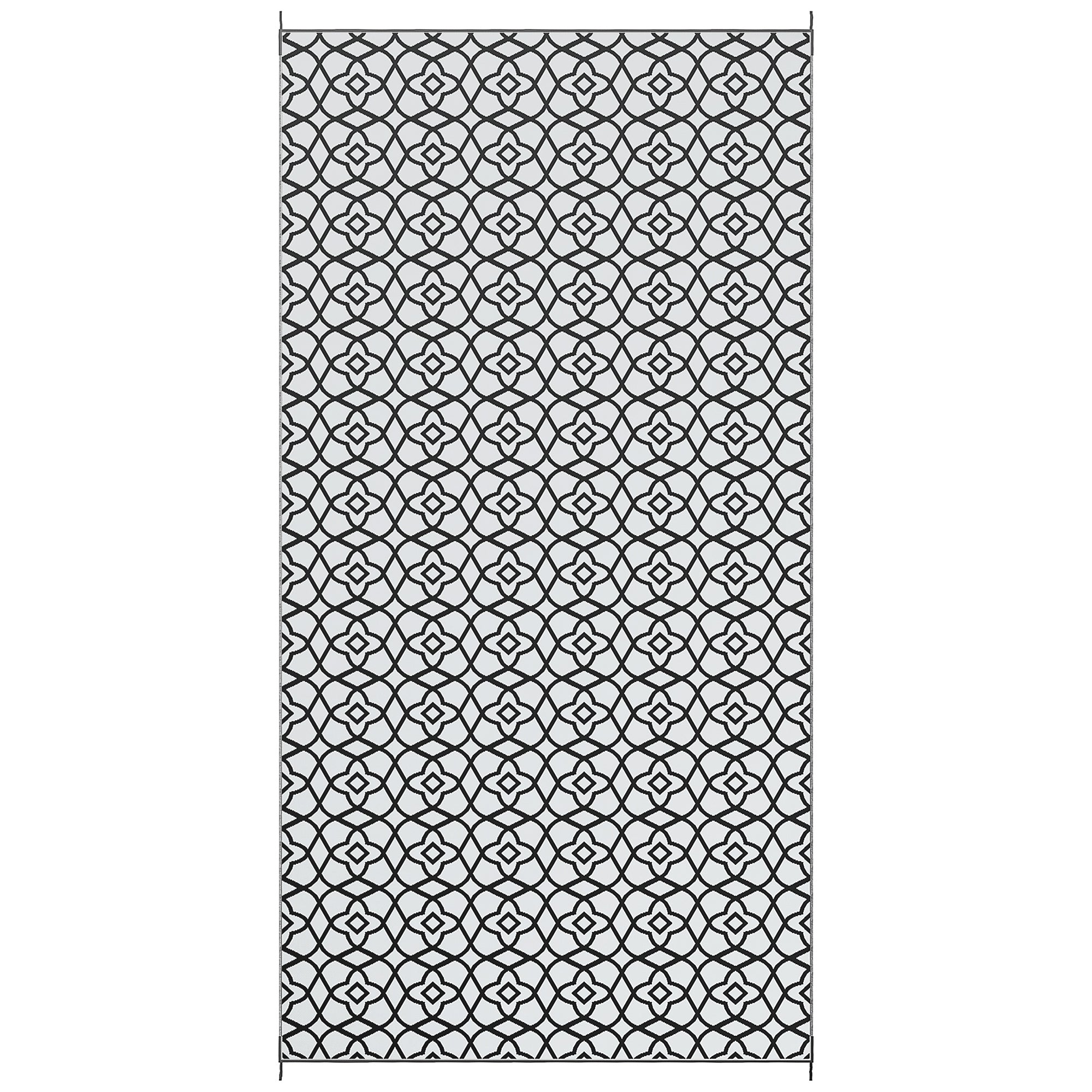 Reversible Outdoor Rug, Waterproof Plastic Straw RV Rug with Carry Bag, 9' x 18', Black and White Clover