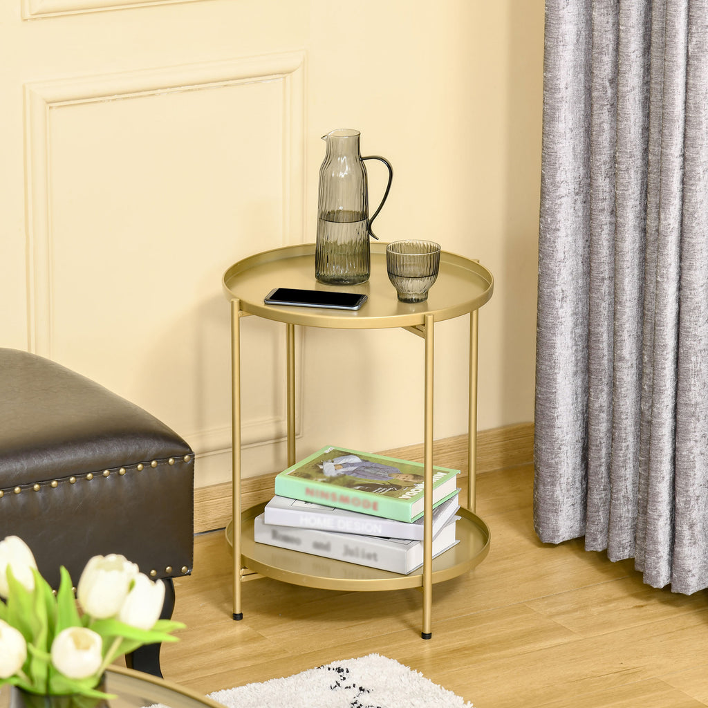 2-Tier Gold Side Table, Round Nightstand with Removable Trays Folding Metal Frame Adjustable Foot End Table for Living Room Bedroom