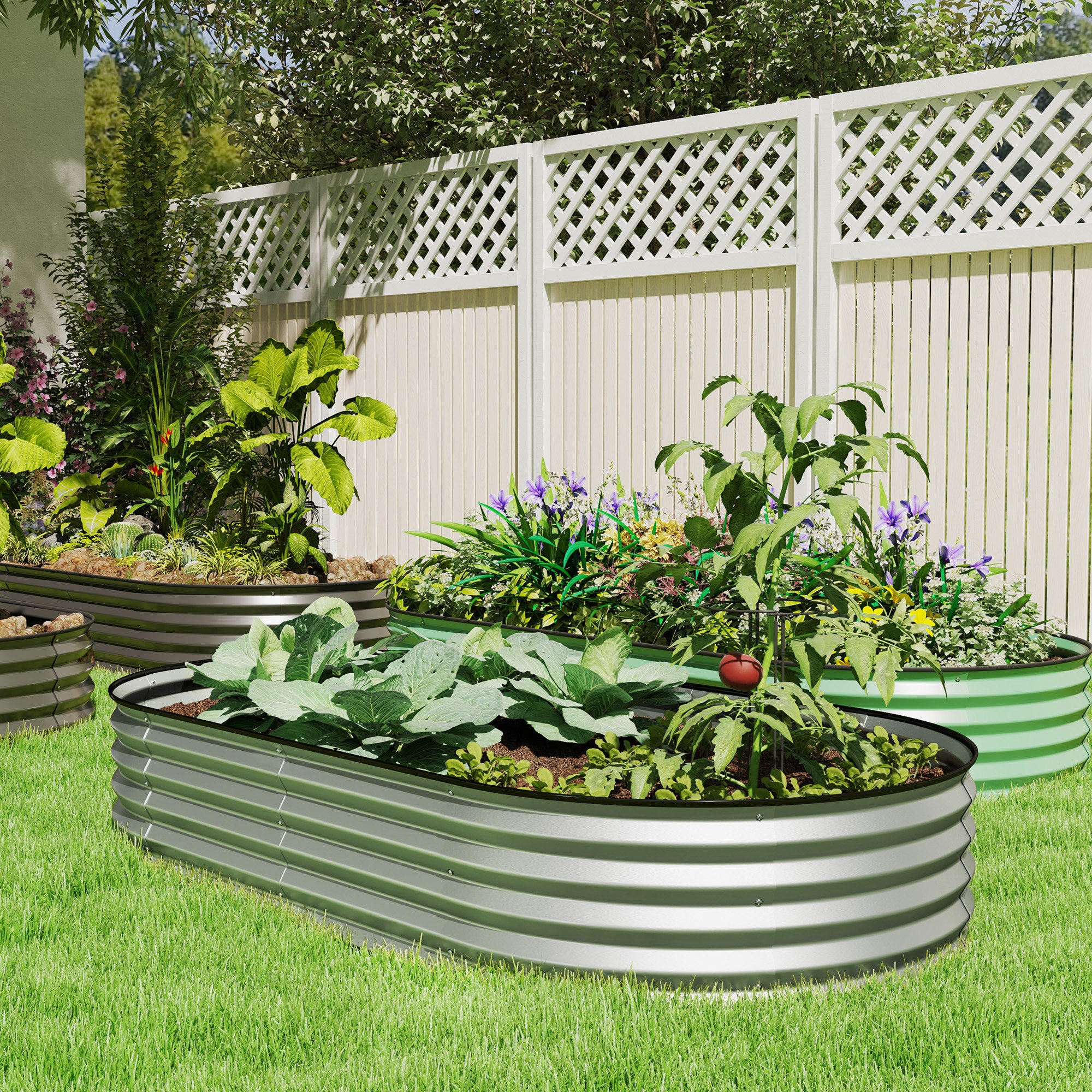 6' x 3' x 1' Large Outdoor Planter Box, Galvanized Raised Garden Bed with Metal Plant Stake, Silver