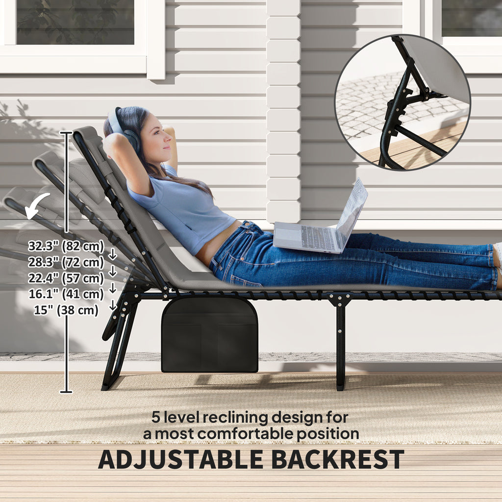 Folding Chaise Lounge Chair Set of 2, Reclining Outdoor Lounge Chair Set with Quick Drying Pad Headrest Side Pocket, Tanning Chair Set for Beach Garden Pool, Light Grey