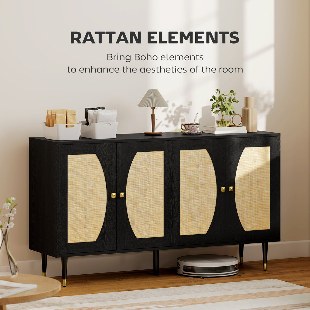55" Sideboard Buffet Cabinet, Boho Storage Cabinet with Adjustable Shelves, Soft Close Doors and Rattan Front, Black