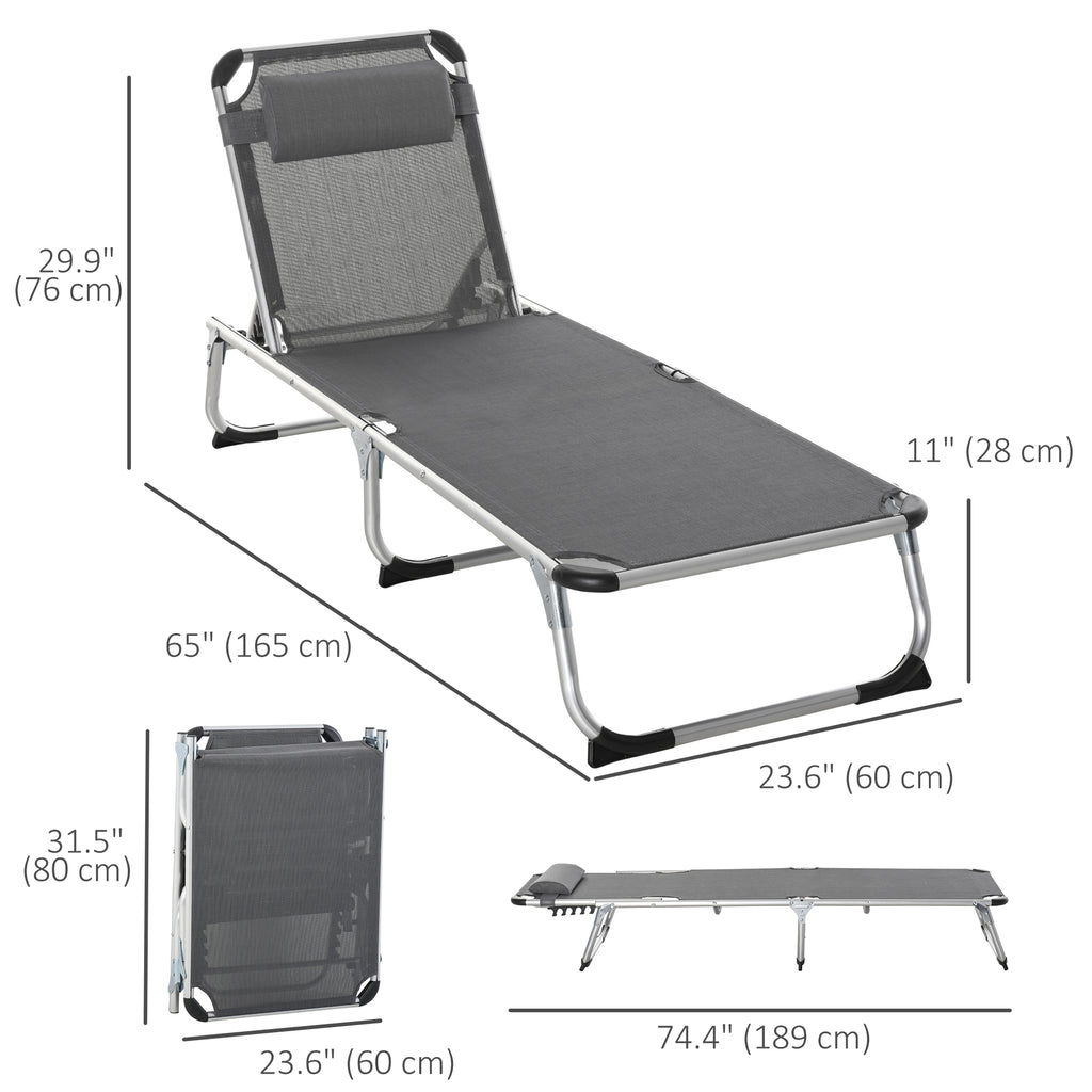 Folding Lounge Chair, Aluminum Frame Tanning Chair, Patio Lounger with Headrest, 5-Level Adjustable Backrest, Grey