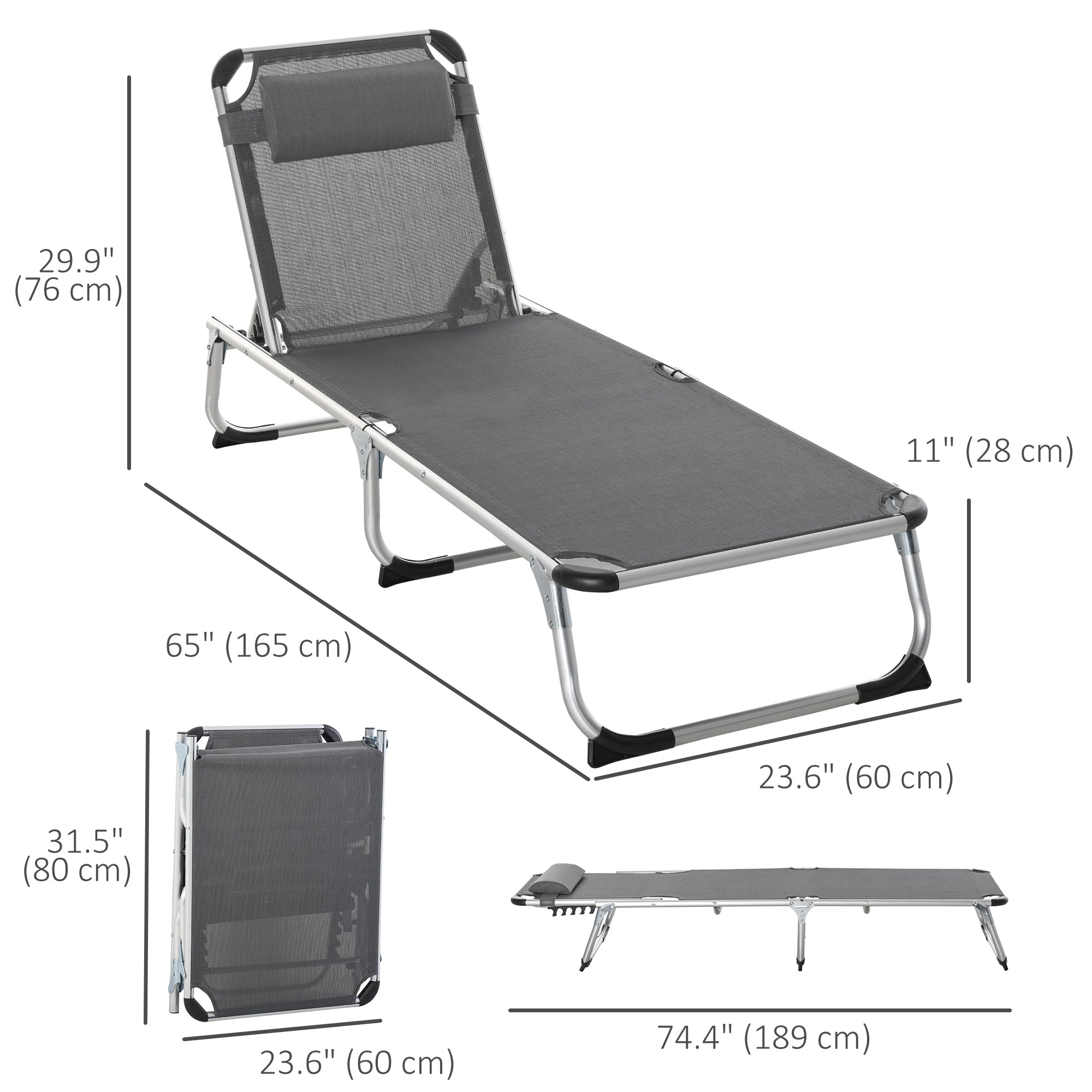 Folding Lounge Chair, Aluminum Frame Tanning Chair, Patio Lounger with Headrest, 5-Level Adjustable Backrest, Grey