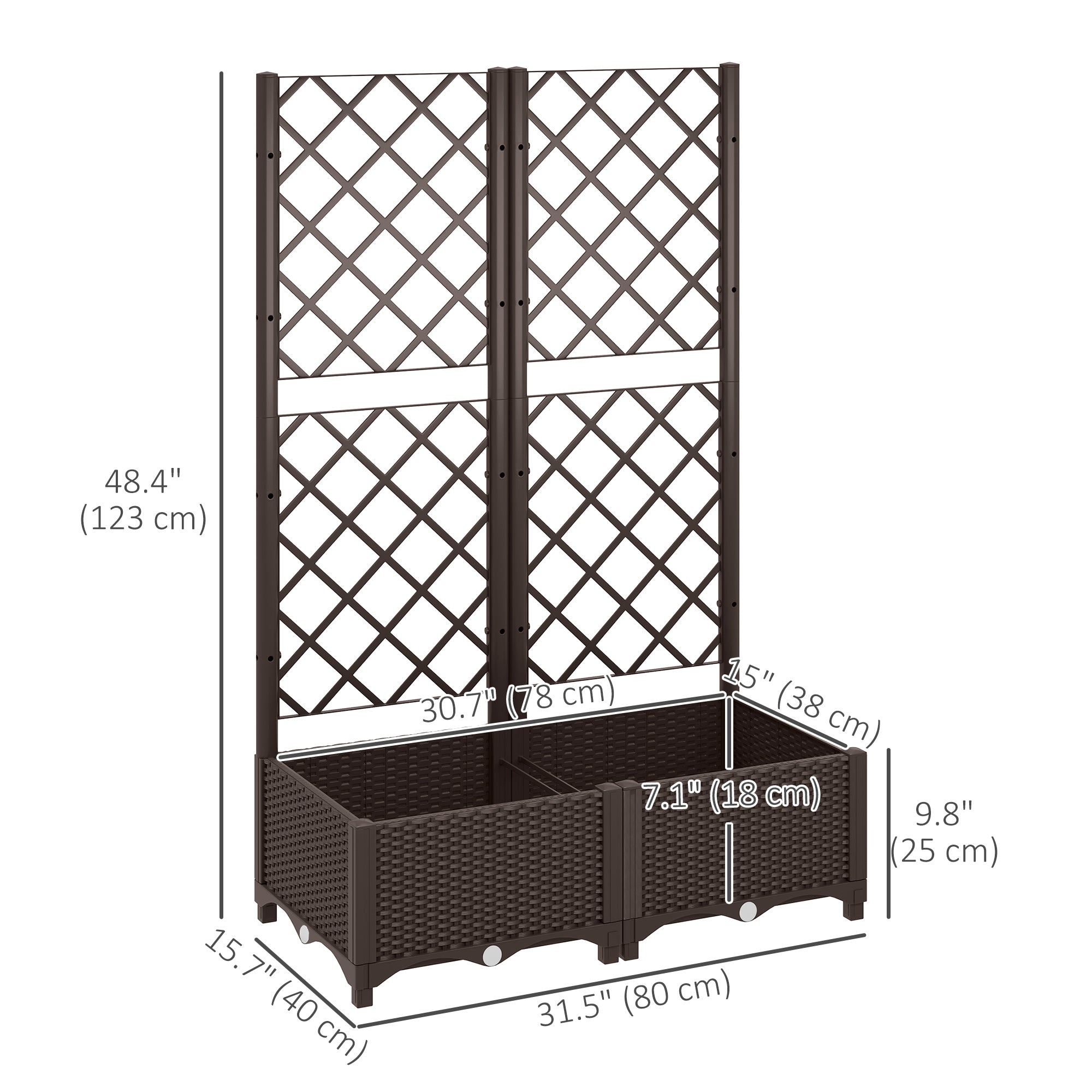 Raised Garden Bed with Trellis, Plastic Raised Flower Bed with Drainage Holes and Drain Plugs
