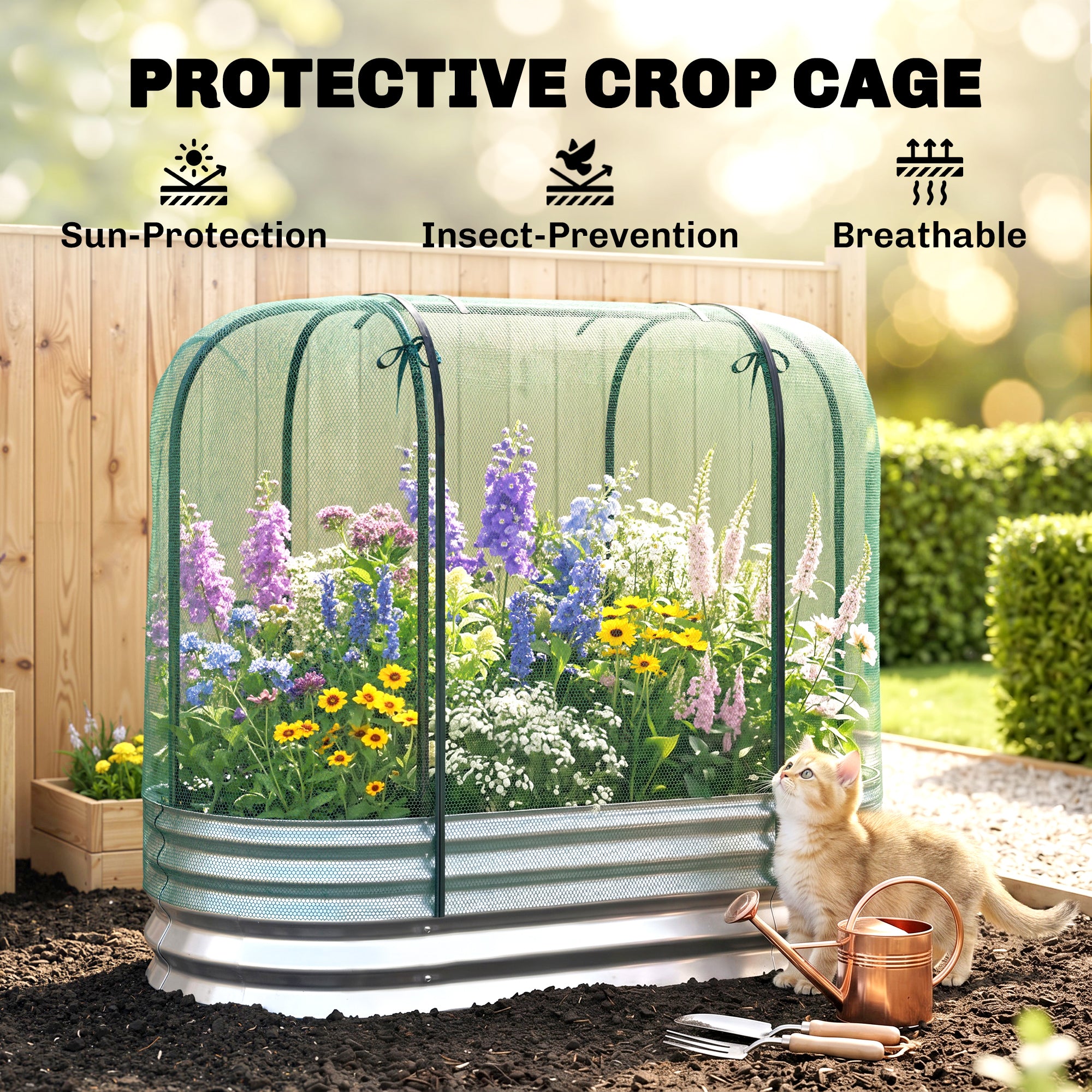 Galvanized Raised Garden Bed with Crop Cage Protection Net Cover, Outdoor Planter Box for Vegetables, Flowers, Herbs