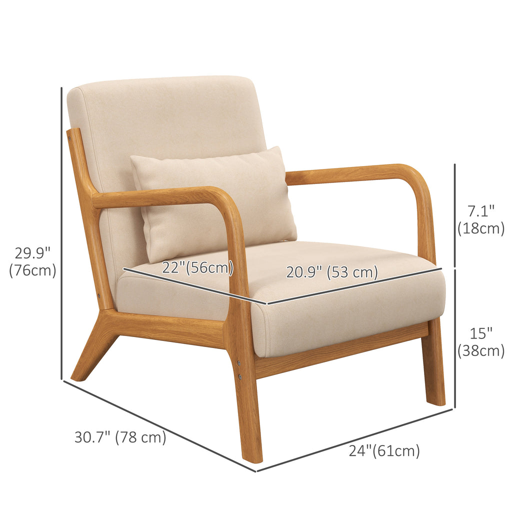 Fabric Lounge Chair, Velvet Armchair, Retro Accent Chair with Wood Legs and Thick Padding for Bedroom, Beige